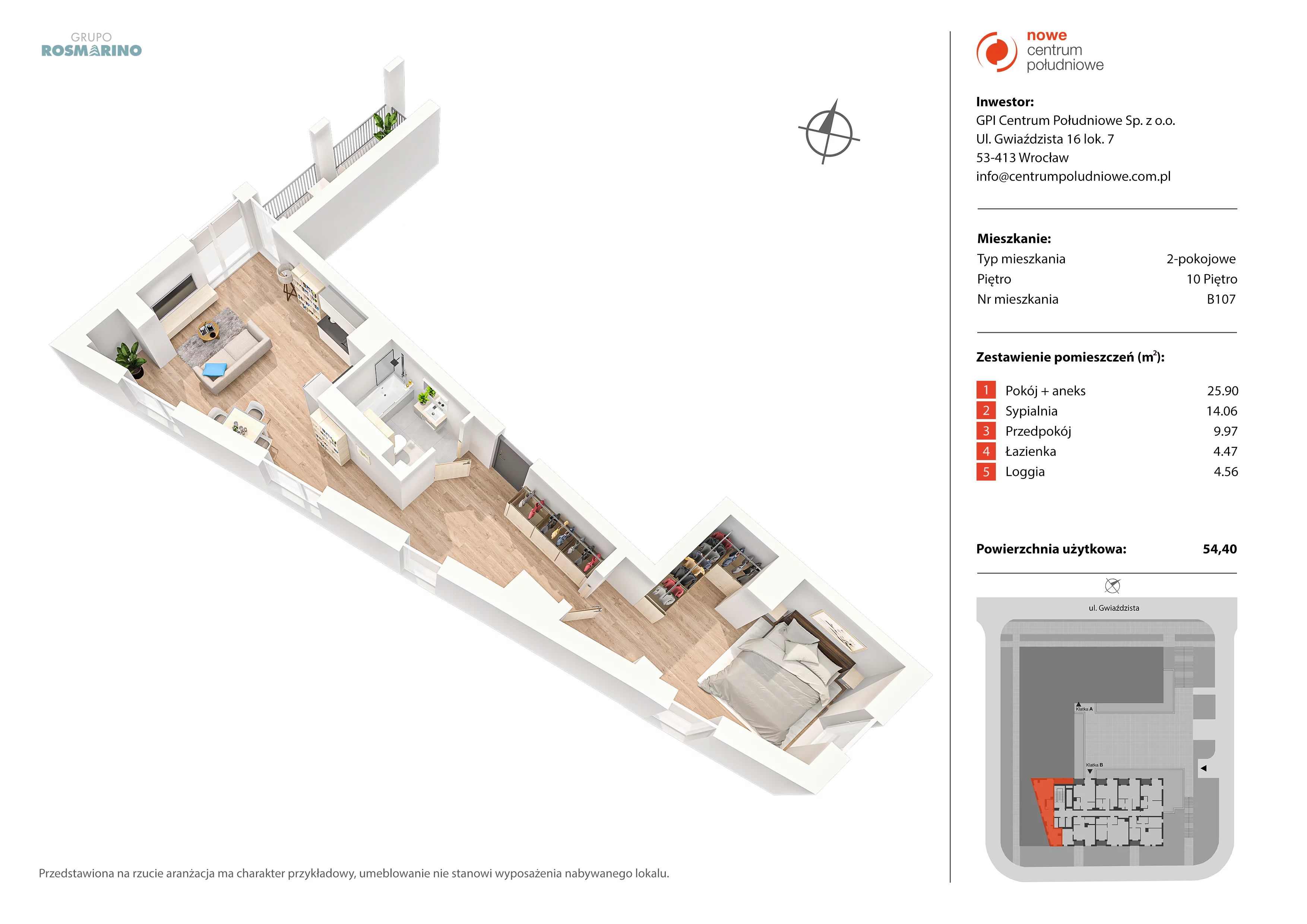 3 pokoje, mieszkanie 50,71 m², piętro 10, oferta nr B107, Nowe Centrum Południowe IV, Wrocław, Powstańców Śląskich (Południe), ul. Gwiaździsta 18/22