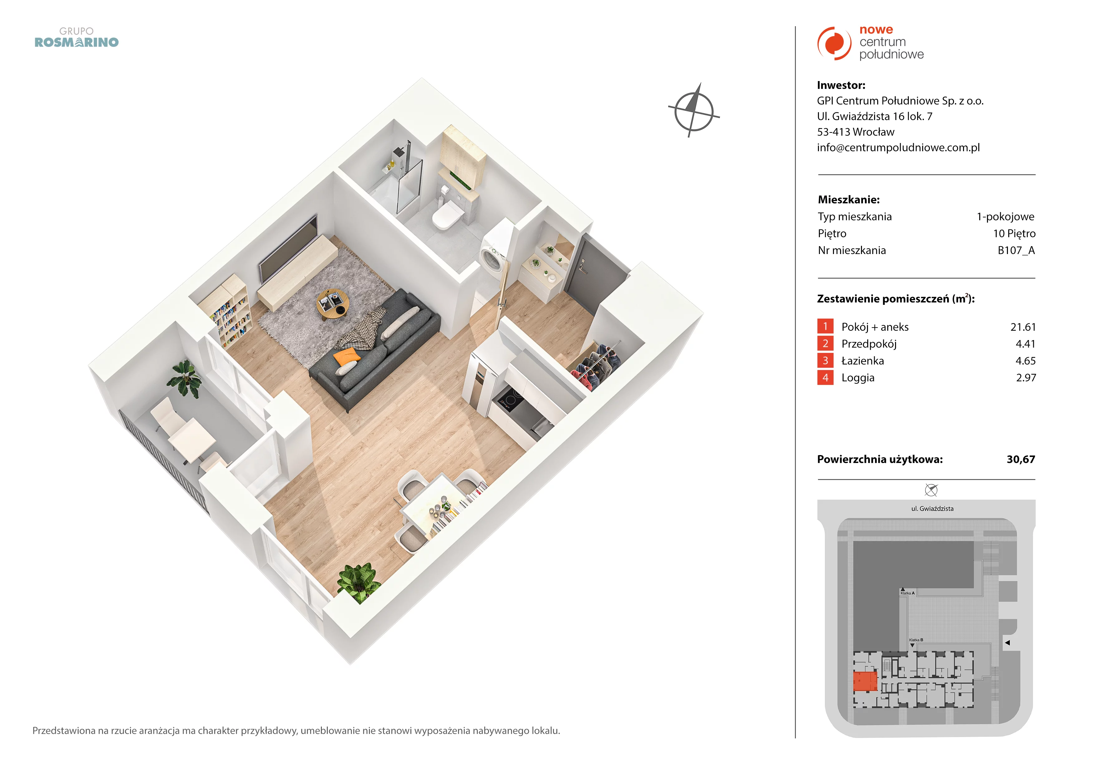 1 pokój, mieszkanie 30,67 m², piętro 10, oferta nr B107_A, Nowe Centrum Południowe IV, Wrocław, Powstańców Śląskich (Południe), ul. Gwiaździsta 18/22