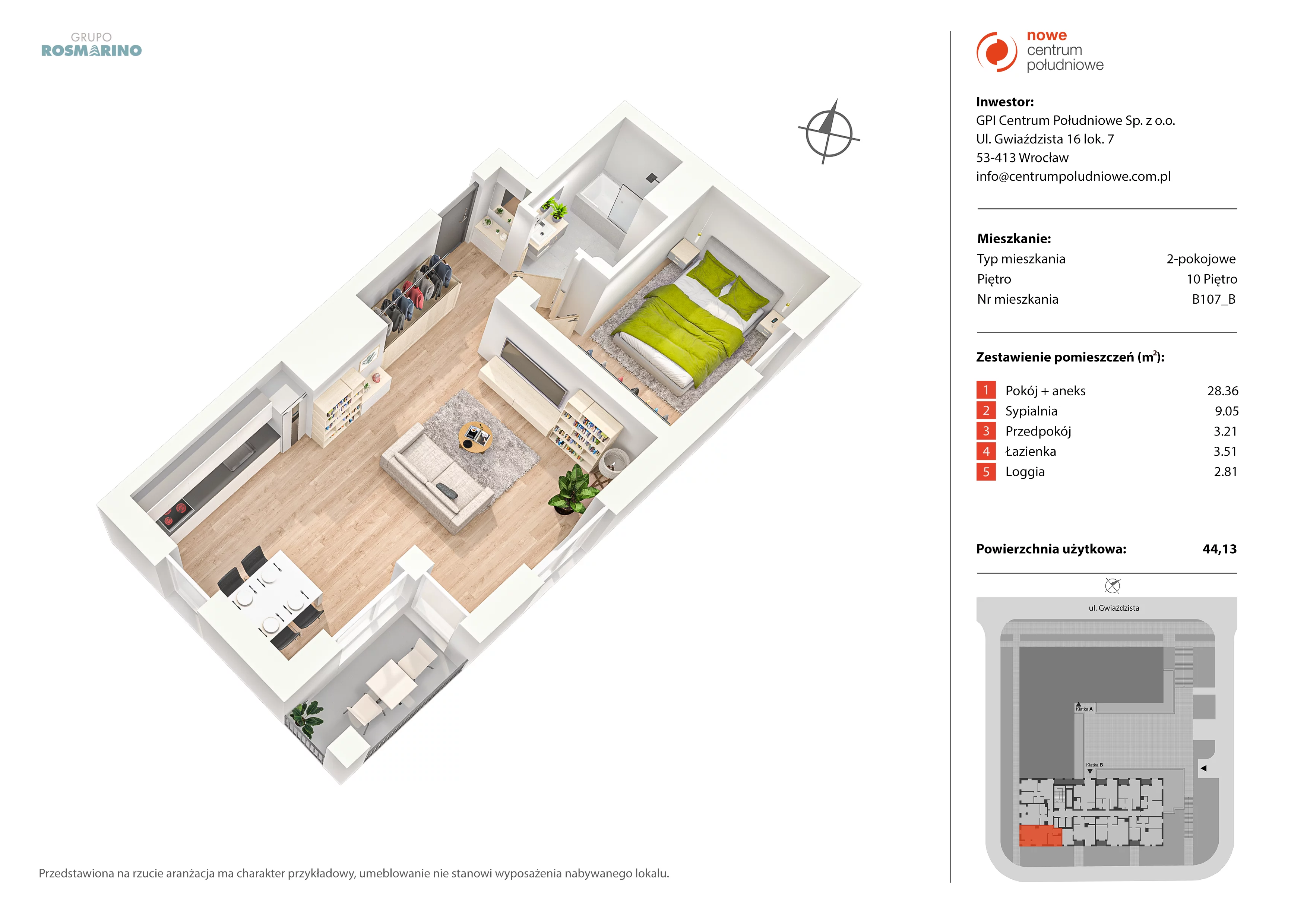 2 pokoje, mieszkanie 44,13 m², piętro 10, oferta nr B107_B, Nowe Centrum Południowe IV, Wrocław, Powstańców Śląskich (Południe), ul. Gwiaździsta 18/22