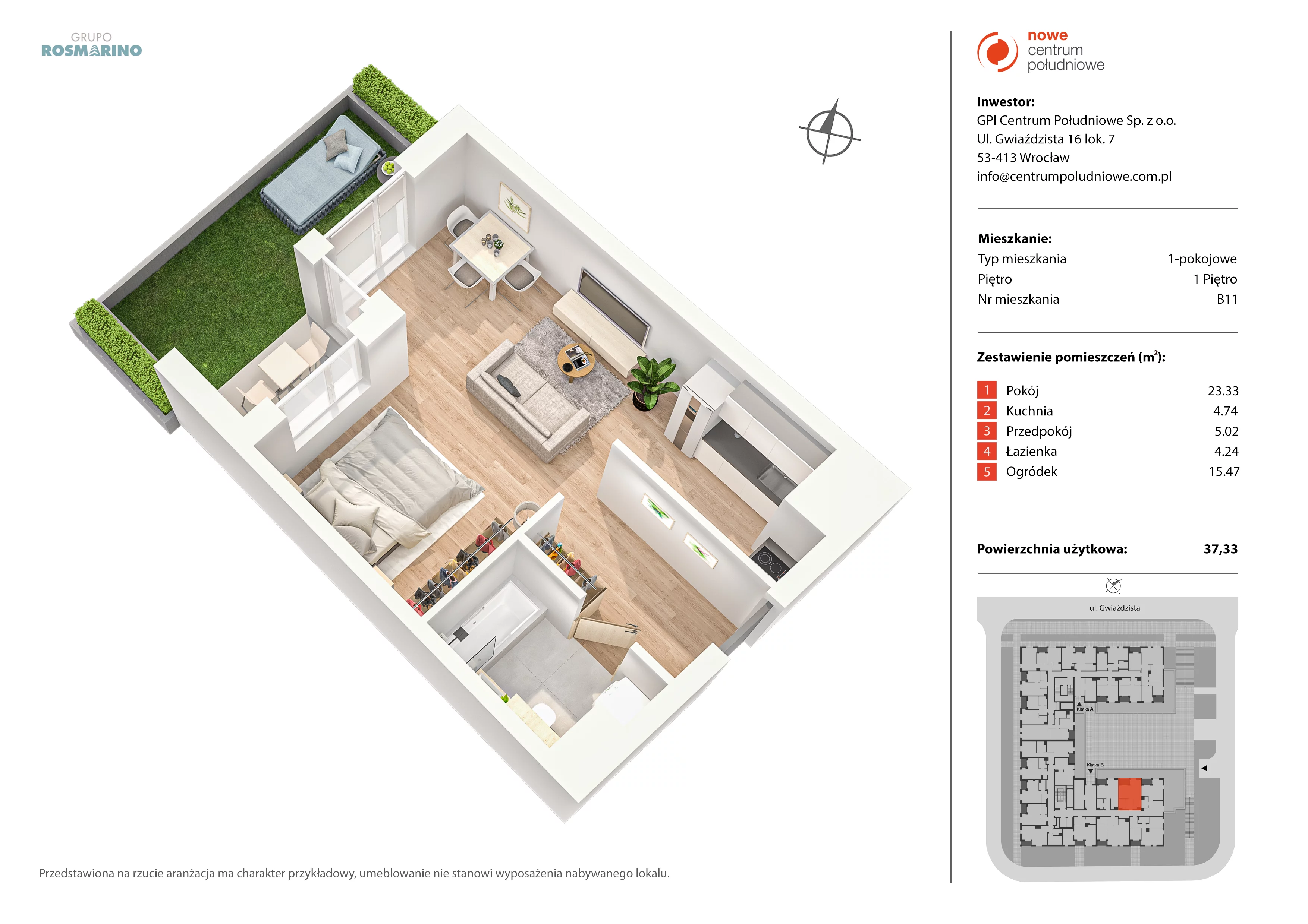 1 pokój, mieszkanie 37,33 m², piętro 1, oferta nr B11, Nowe Centrum Południowe IV, Wrocław, Powstańców Śląskich (Południe), ul. Gwiaździsta 18/22