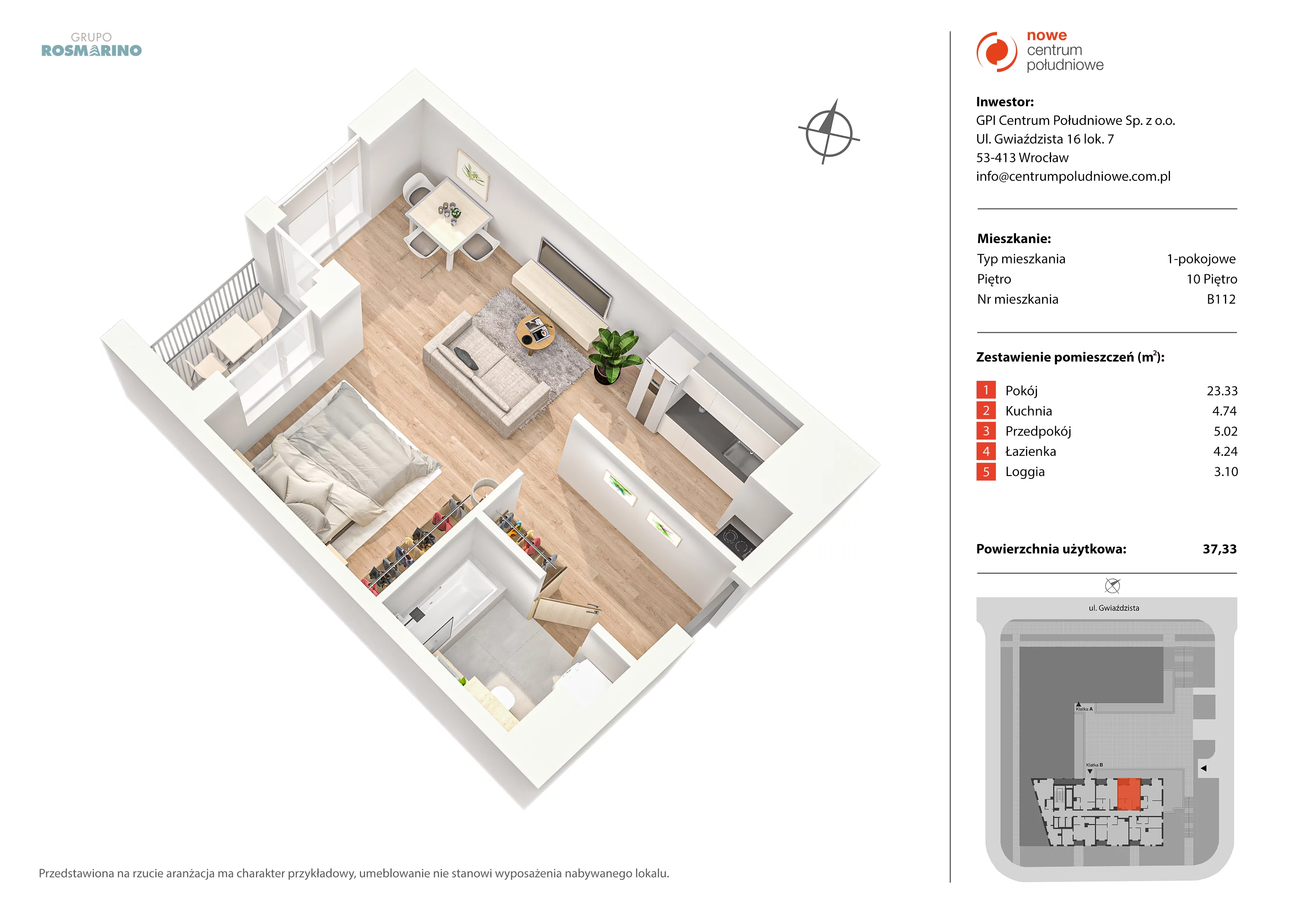 1 pokój, mieszkanie 37,33 m², piętro 10, oferta nr B112, Nowe Centrum Południowe IV, Wrocław, Powstańców Śląskich (Południe), ul. Gwiaździsta 18/22