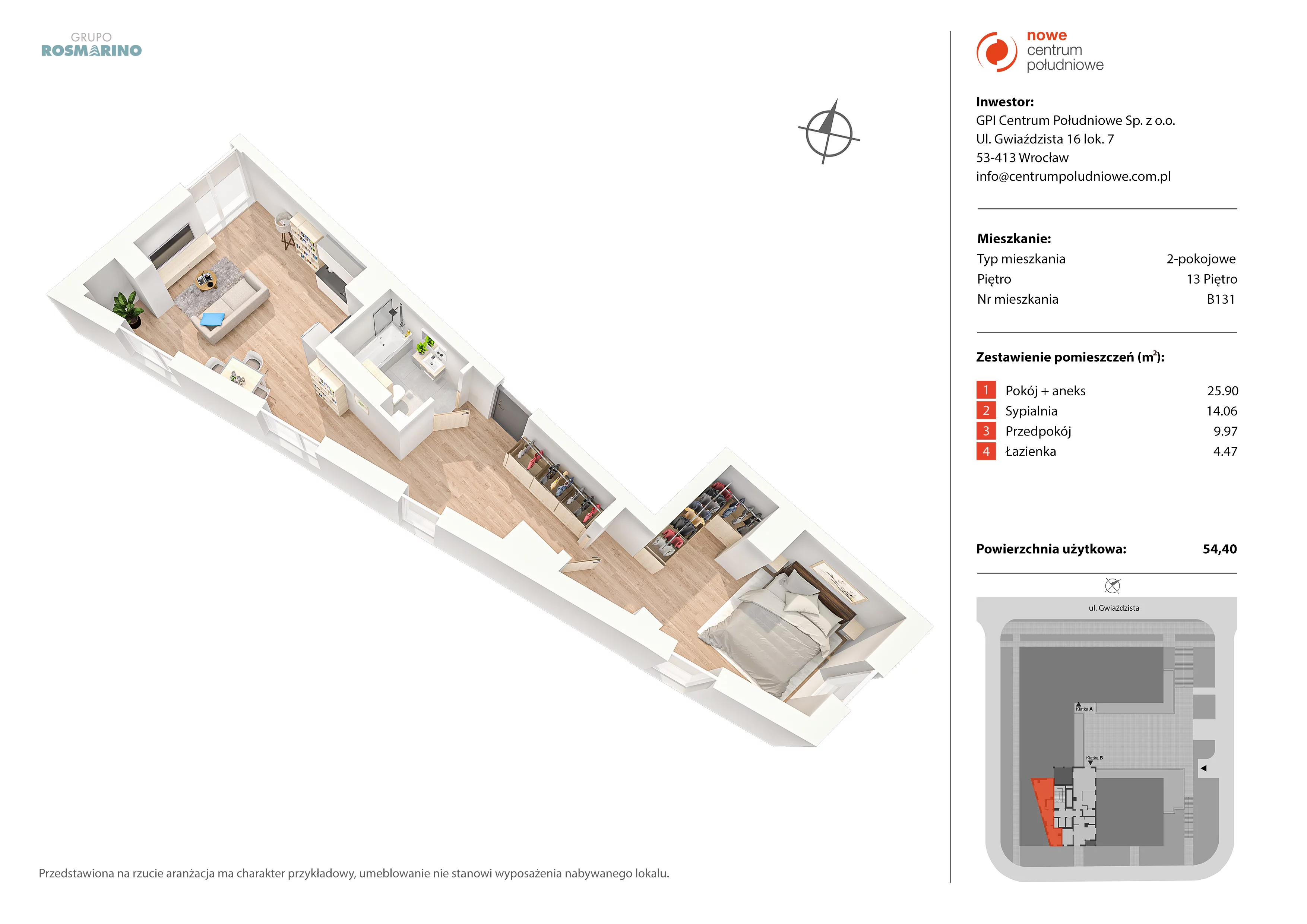 Mieszkanie 54,40 m², piętro 13, oferta nr B131, Nowe Centrum Południowe IV, Wrocław, Powstańców Śląskich (Południe), ul. Gwiaździsta 18/22