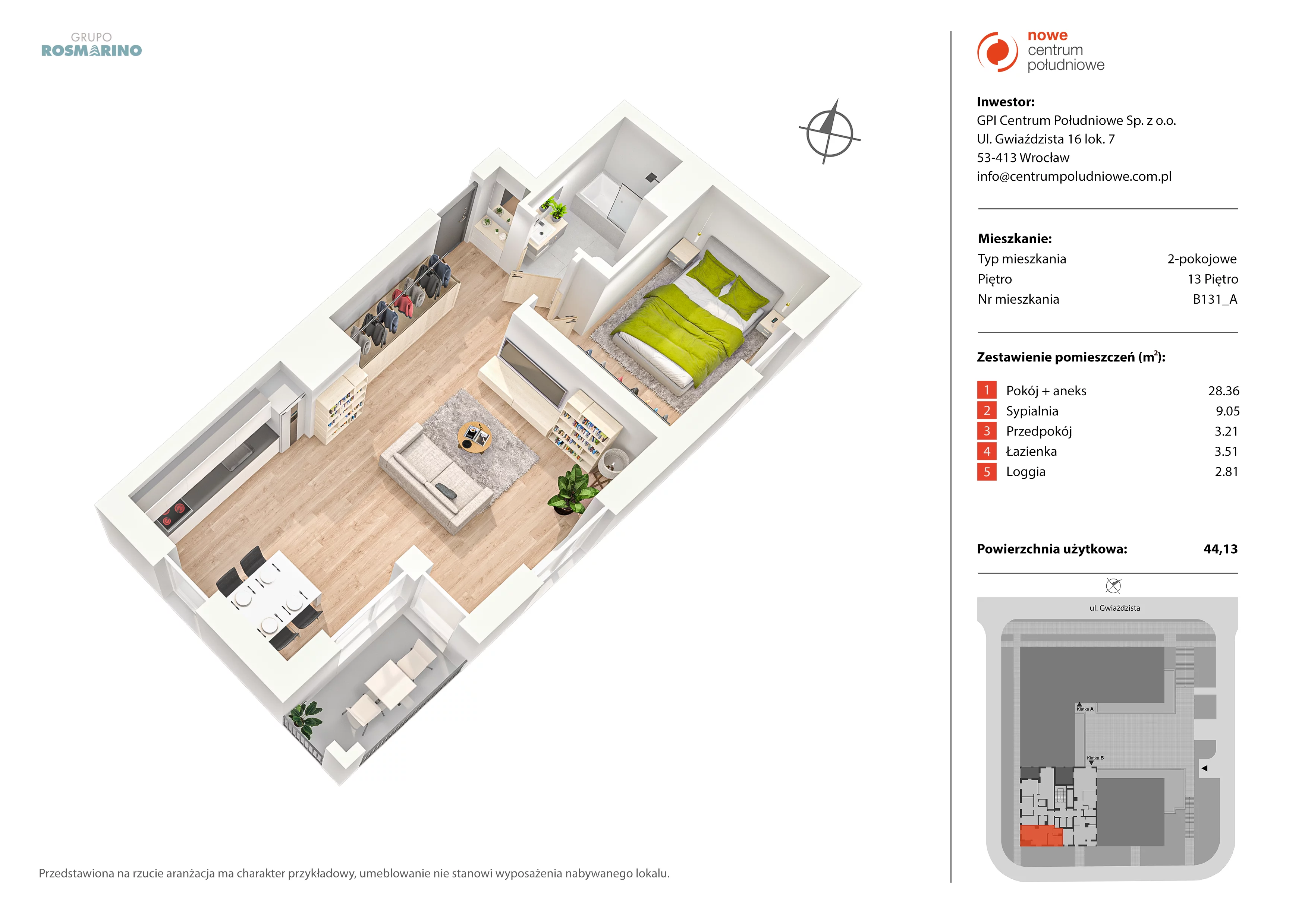 2 pokoje, mieszkanie 44,13 m², piętro 13, oferta nr B131_A, Nowe Centrum Południowe IV, Wrocław, Powstańców Śląskich (Południe), ul. Gwiaździsta 18/22