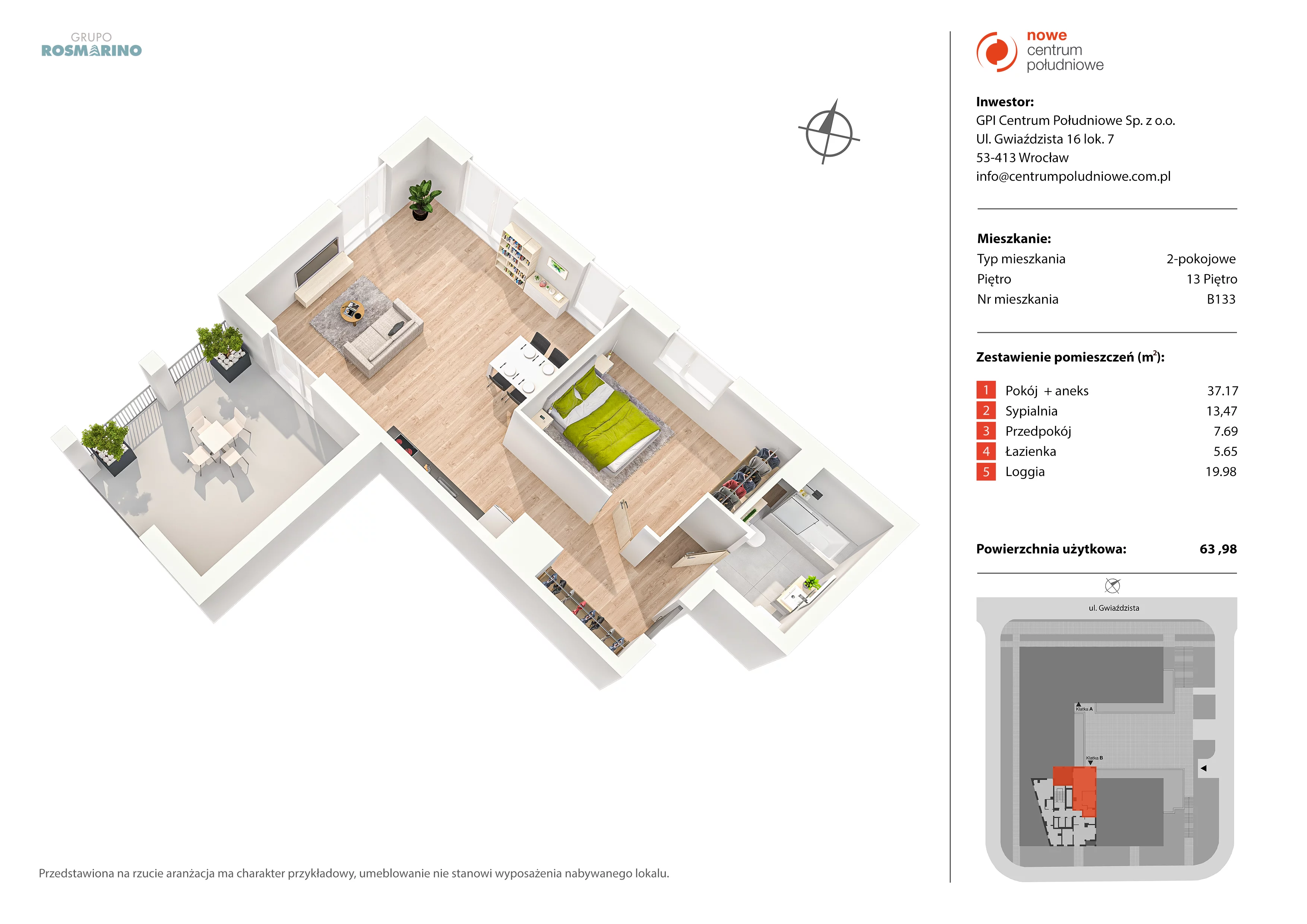 Mieszkanie 63,98 m², piętro 13, oferta nr B133, Nowe Centrum Południowe IV, Wrocław, Powstańców Śląskich (Południe), ul. Gwiaździsta 18/22-idx