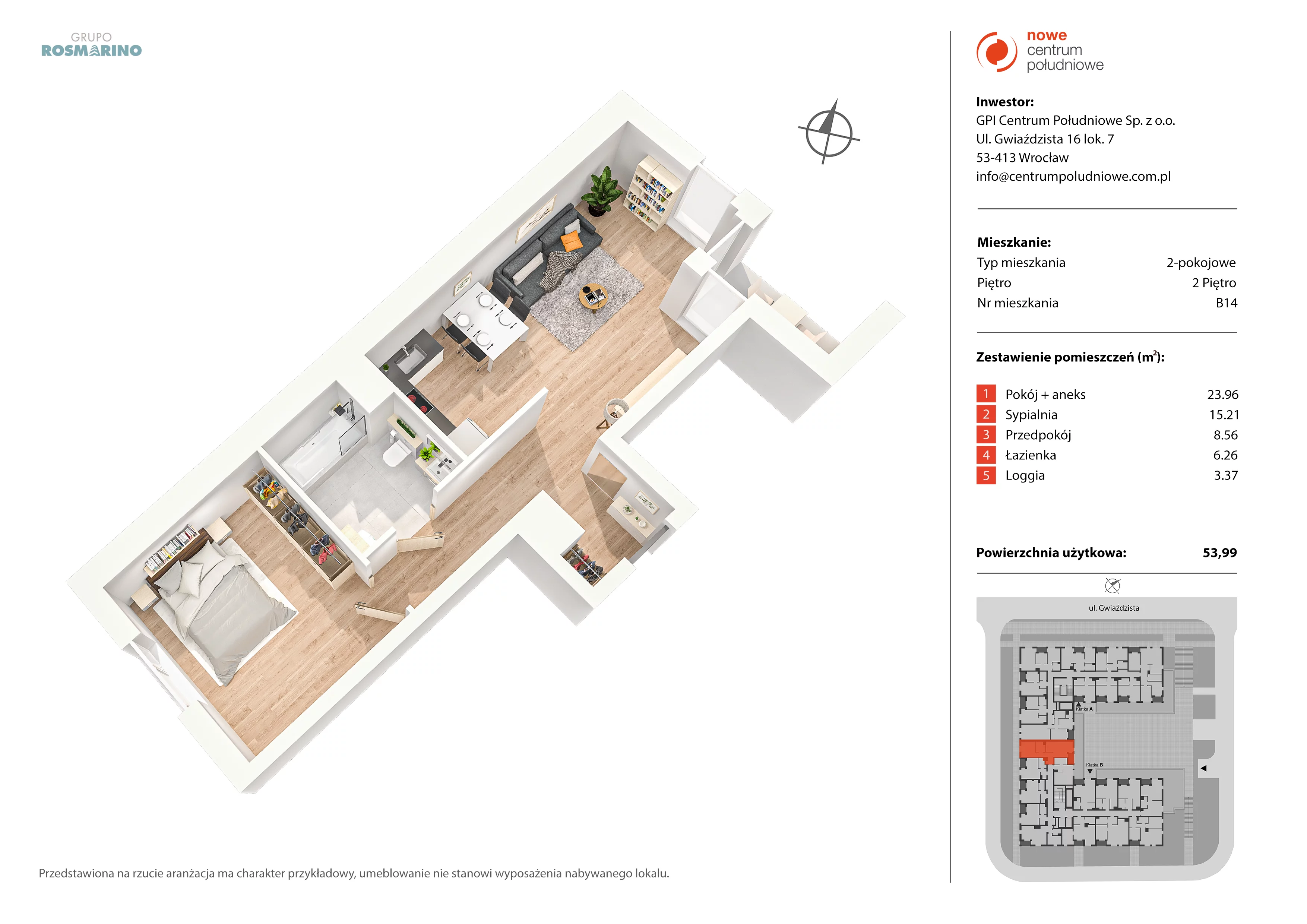 2 pokoje, mieszkanie 53,99 m², piętro 2, oferta nr B14, Nowe Centrum Południowe IV, Wrocław, Powstańców Śląskich (Południe), ul. Gwiaździsta 18/22