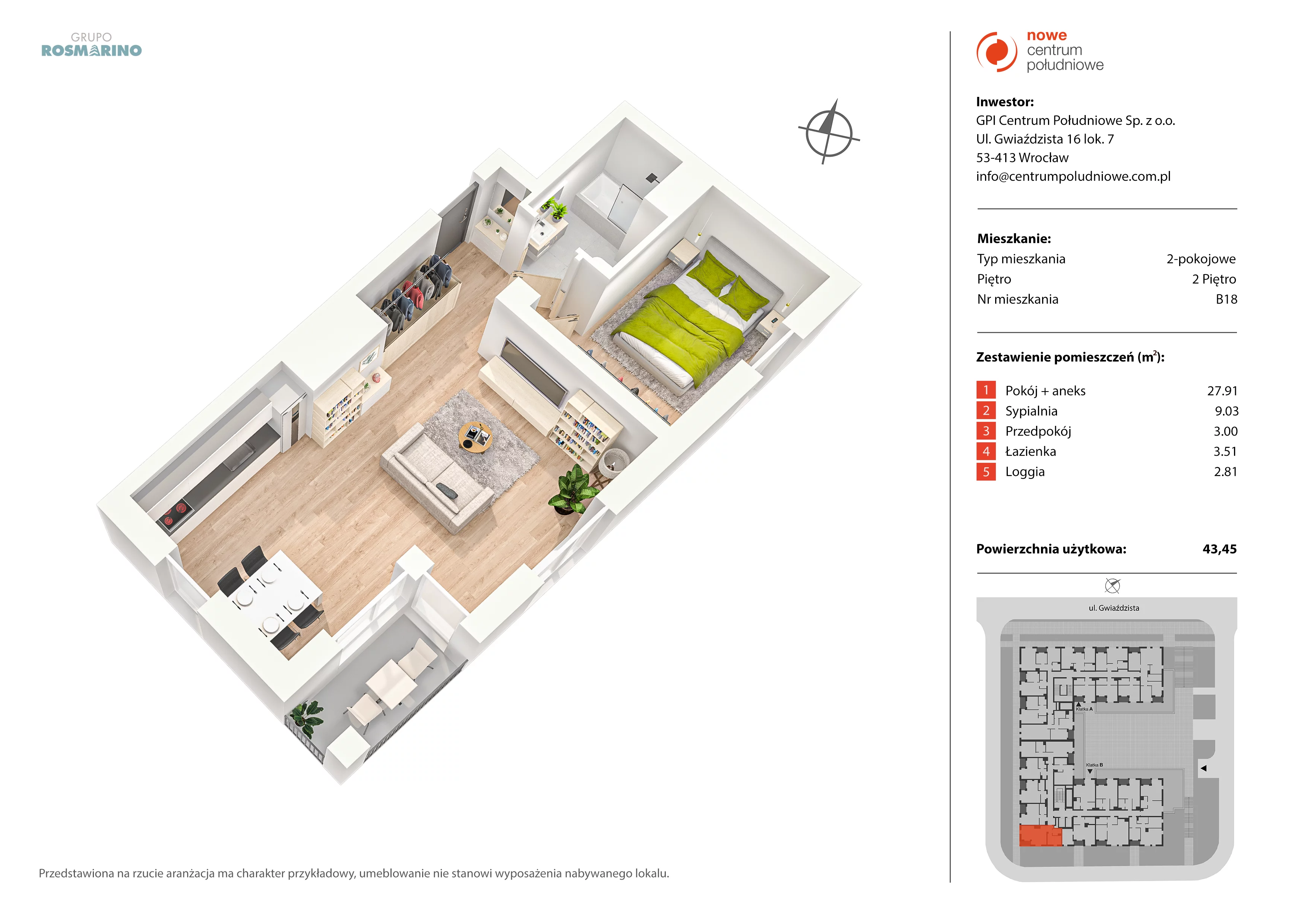 Mieszkanie 43,45 m², piętro 2, oferta nr B18, Nowe Centrum Południowe IV, Wrocław, Powstańców Śląskich (Południe), ul. Gwiaździsta 18/22