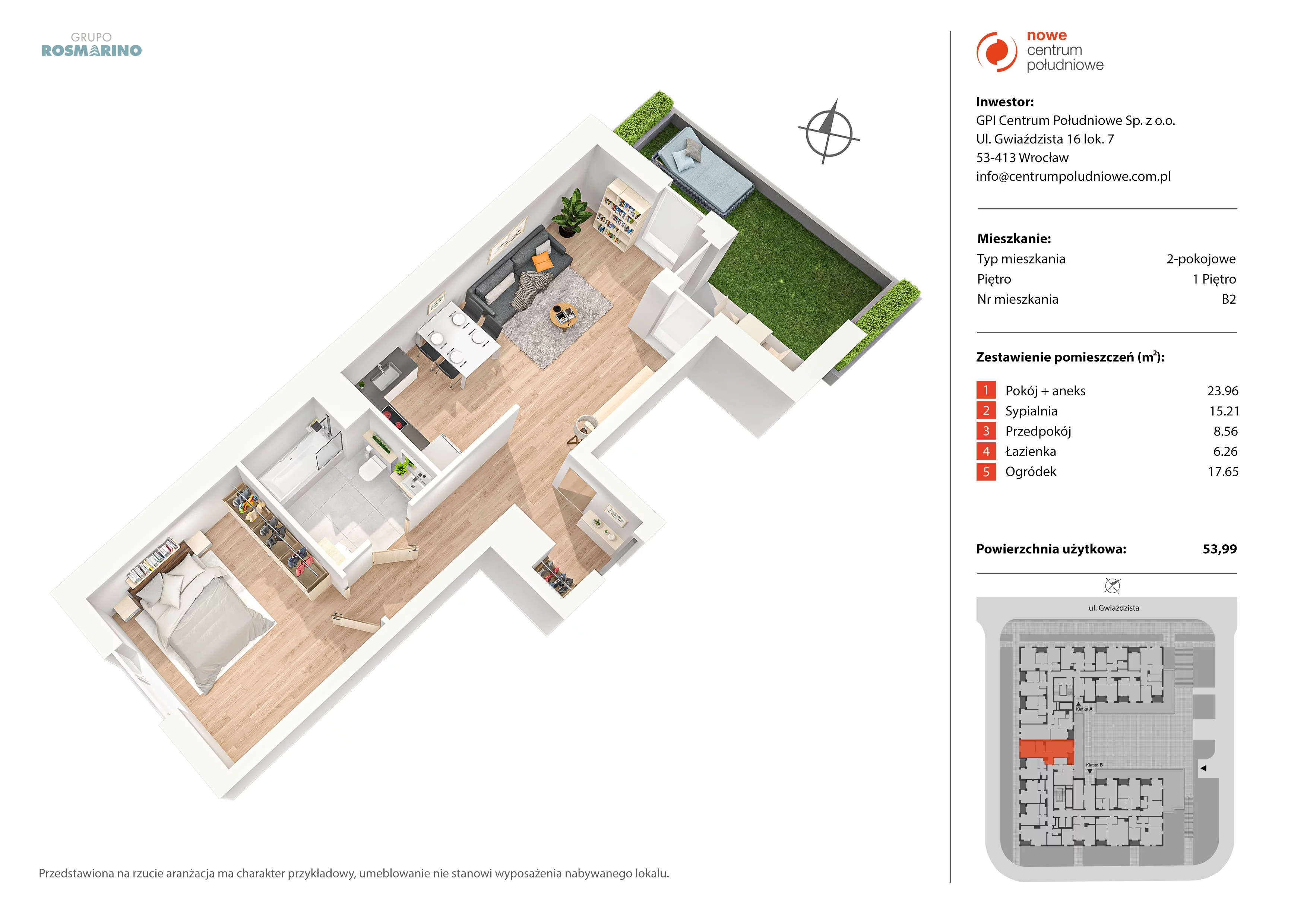 Mieszkanie 53,99 m², piętro 1, oferta nr B2, Nowe Centrum Południowe IV, Wrocław, Powstańców Śląskich (Południe), ul. Gwiaździsta 18/22