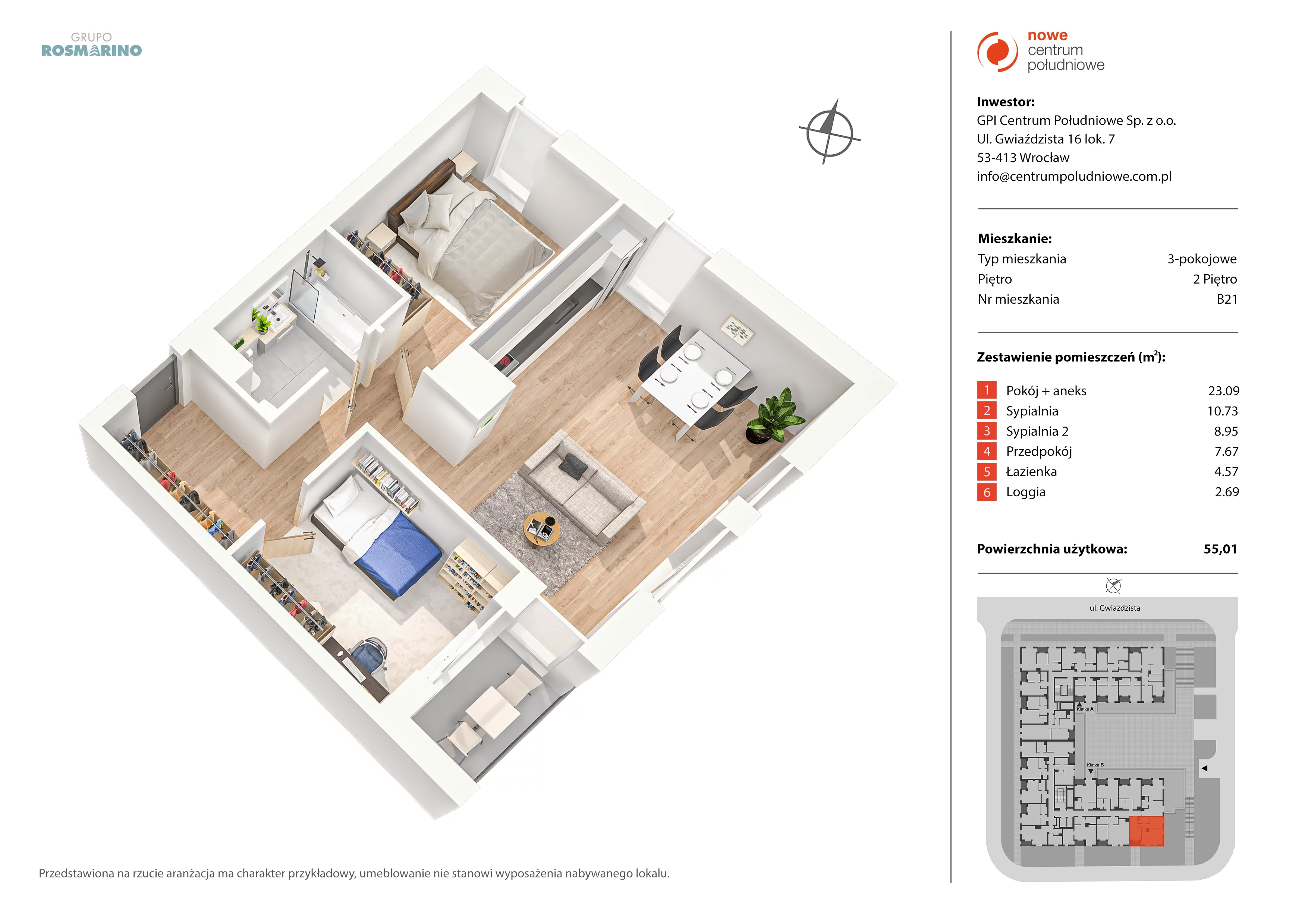 Mieszkanie 55,01 m², piętro 2, oferta nr B21, Nowe Centrum Południowe IV, Wrocław, Powstańców Śląskich (Południe), ul. Gwiaździsta 18/22