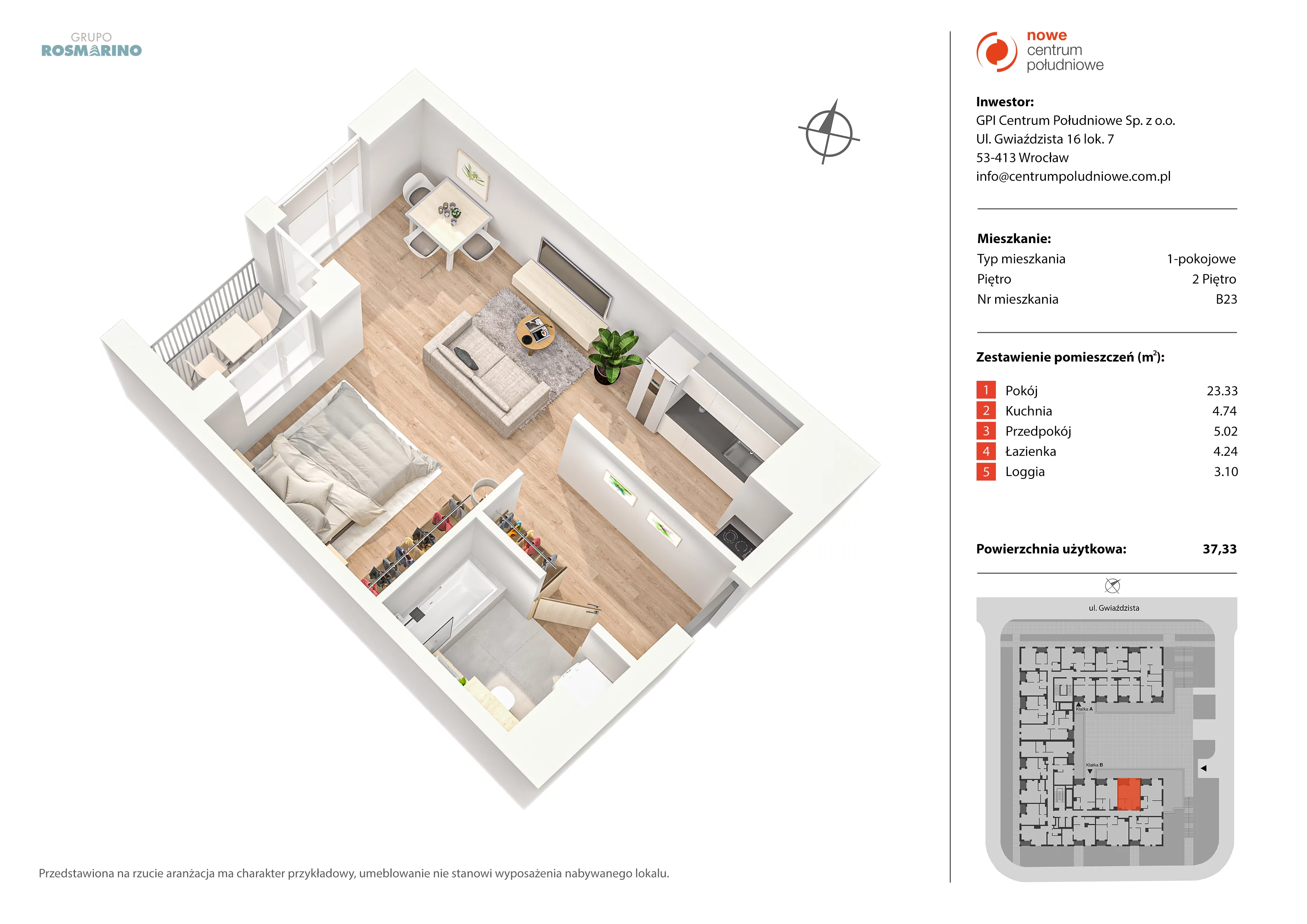 Mieszkanie 37,33 m², piętro 2, oferta nr B23, Nowe Centrum Południowe IV, Wrocław, Powstańców Śląskich (Południe), ul. Gwiaździsta 18/22