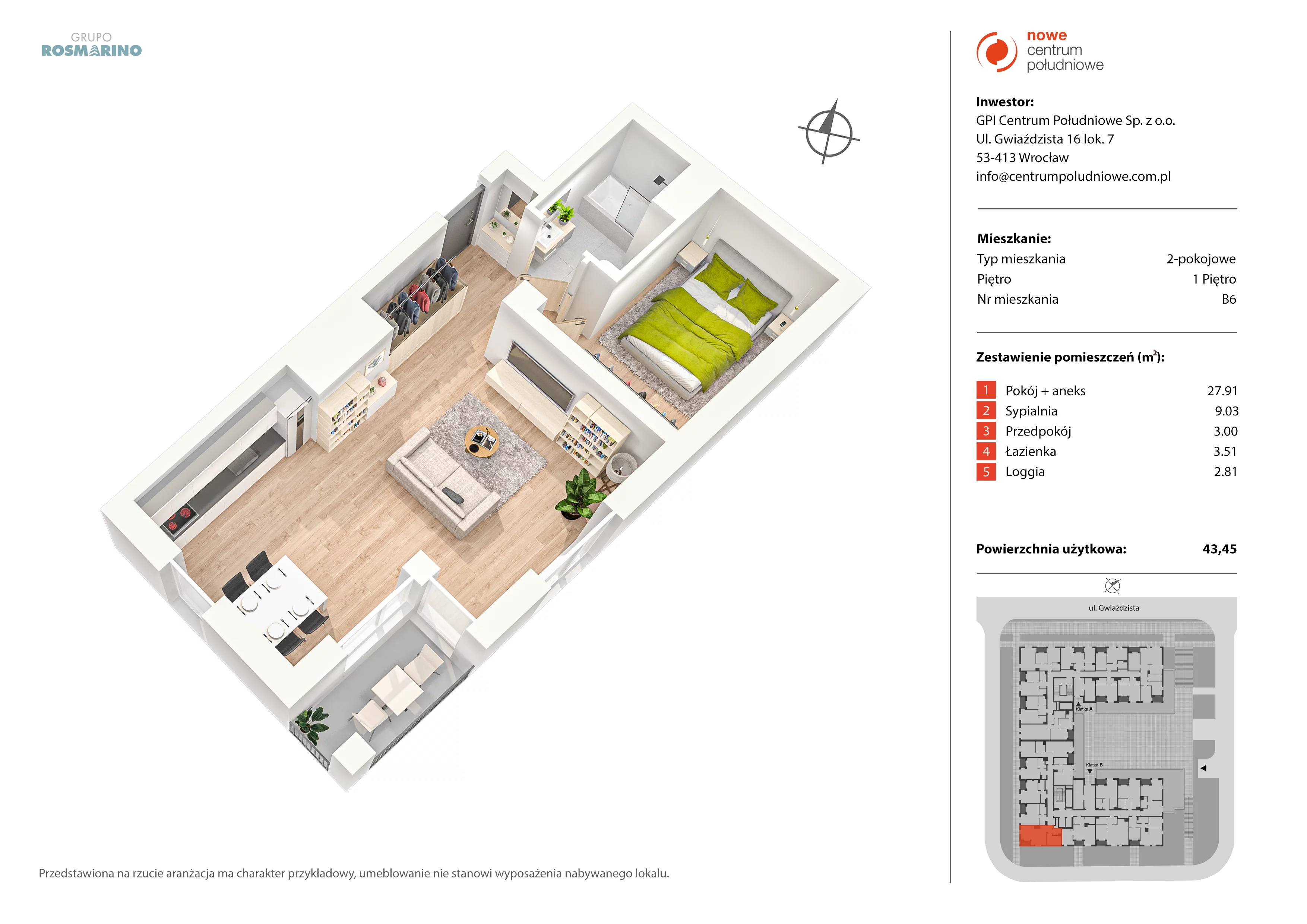 Mieszkanie 43,45 m², piętro 1, oferta nr B6, Nowe Centrum Południowe IV, Wrocław, Powstańców Śląskich (Południe), ul. Gwiaździsta 18/22