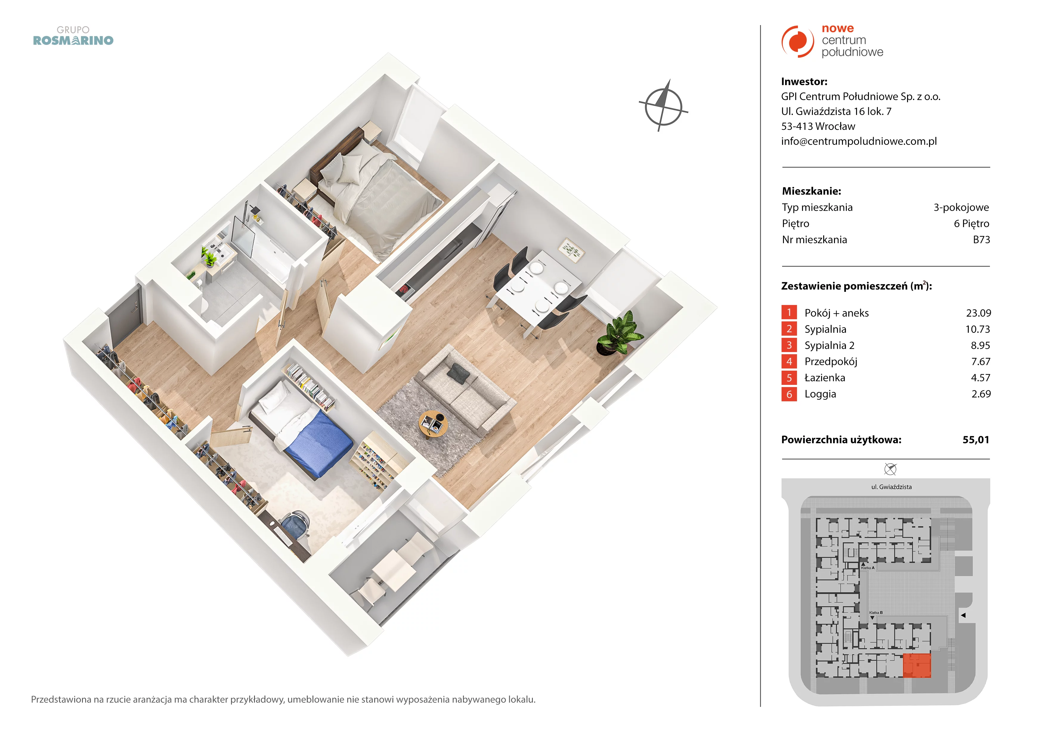 3 pokoje, mieszkanie 55,01 m², piętro 6, oferta nr B73, Nowe Centrum Południowe IV, Wrocław, Powstańców Śląskich (Południe), ul. Gwiaździsta 18/22