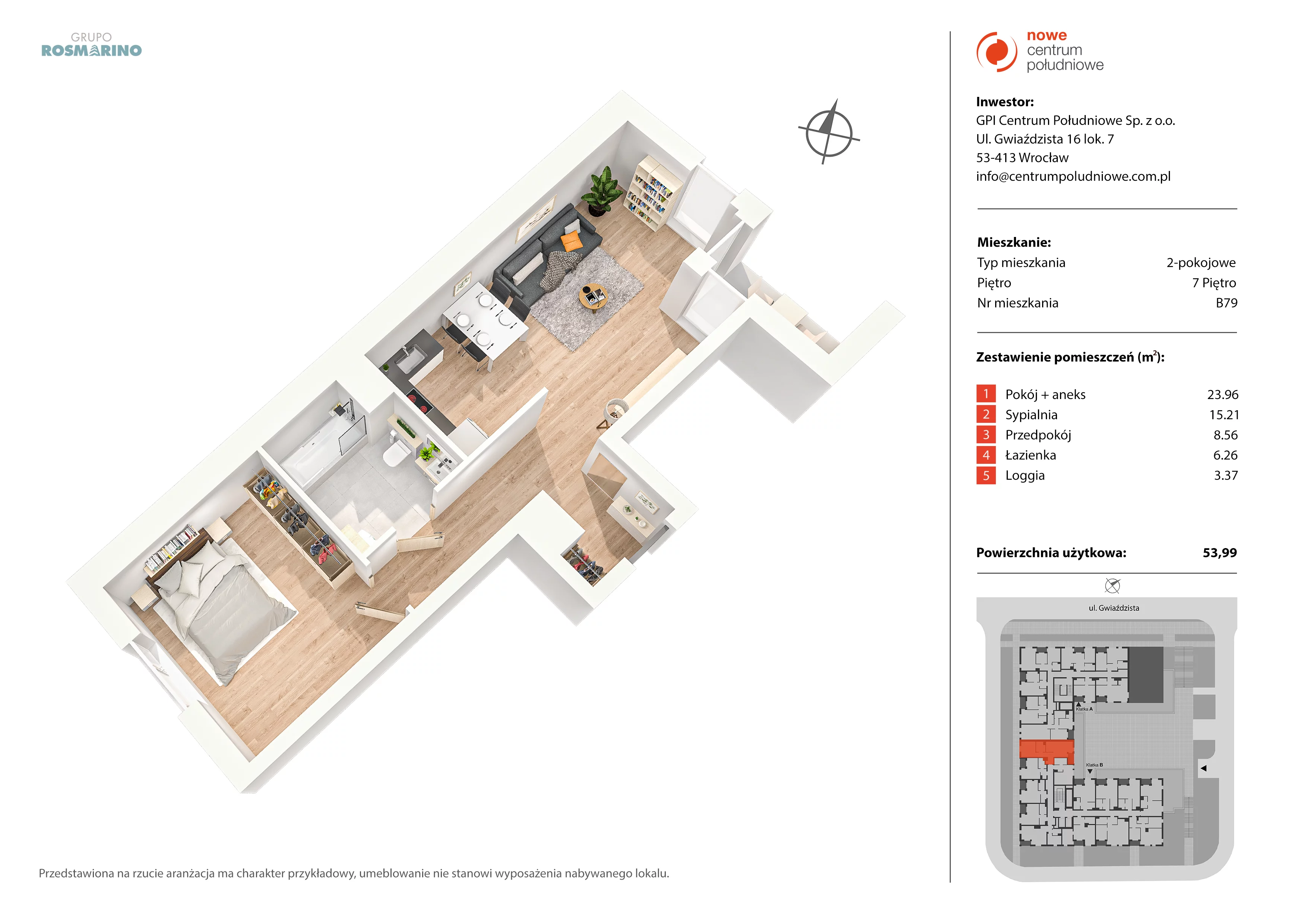 Mieszkanie 53,99 m², piętro 7, oferta nr B79, Nowe Centrum Południowe IV, Wrocław, Powstańców Śląskich (Południe), ul. Gwiaździsta 18/22