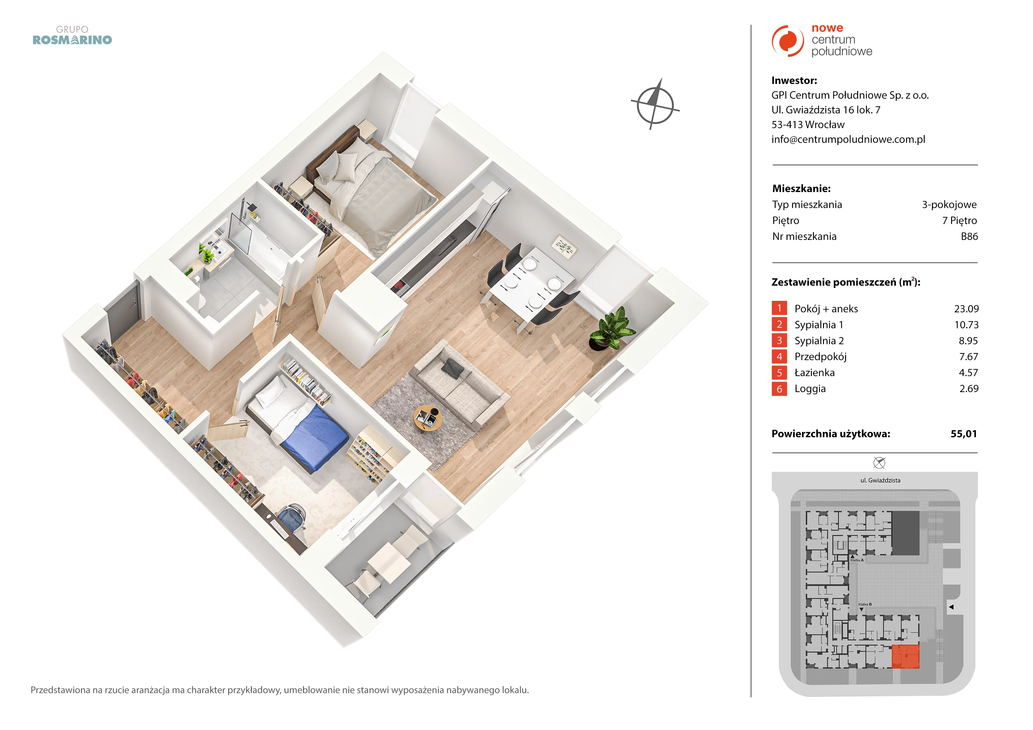 Mieszkanie 55,01 m², piętro 7, oferta nr B86, Nowe Centrum Południowe IV, Wrocław, Powstańców Śląskich (Południe), ul. Gwiaździsta 18/22-idx