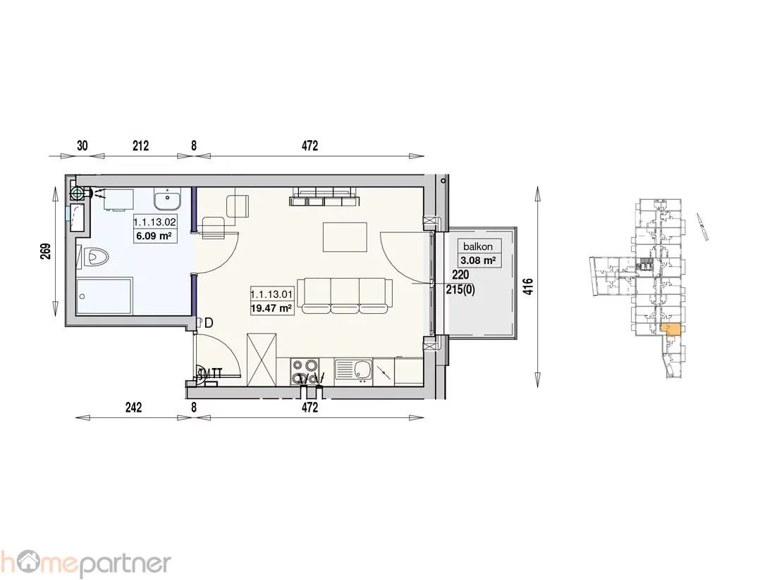 Mieszkanie na sprzedaż, 25,56 m², 1 pokój, 1 piętro, oferta nr 17315