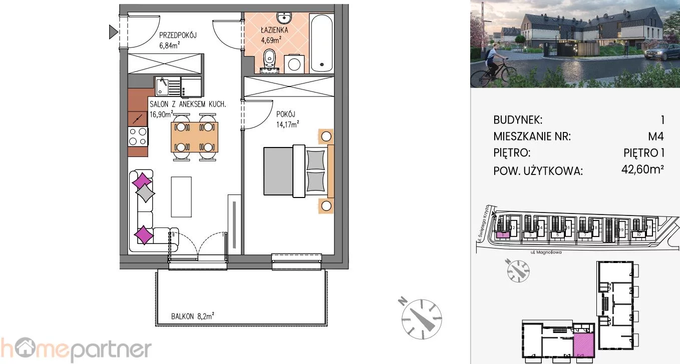2 pokoje, mieszkanie 42,60 m², piętro 1, oferta nr , 19257, Siechnice, Bzowa
