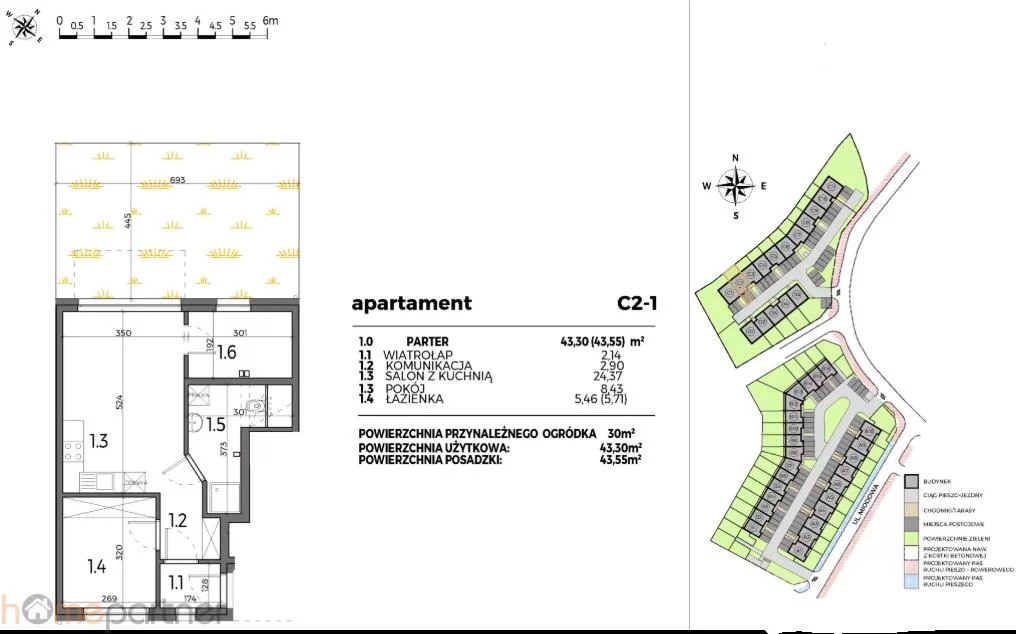 2 pokoje, mieszkanie 43,30 m², parter, oferta nr , 19287, Iwiny, Magnoliowa