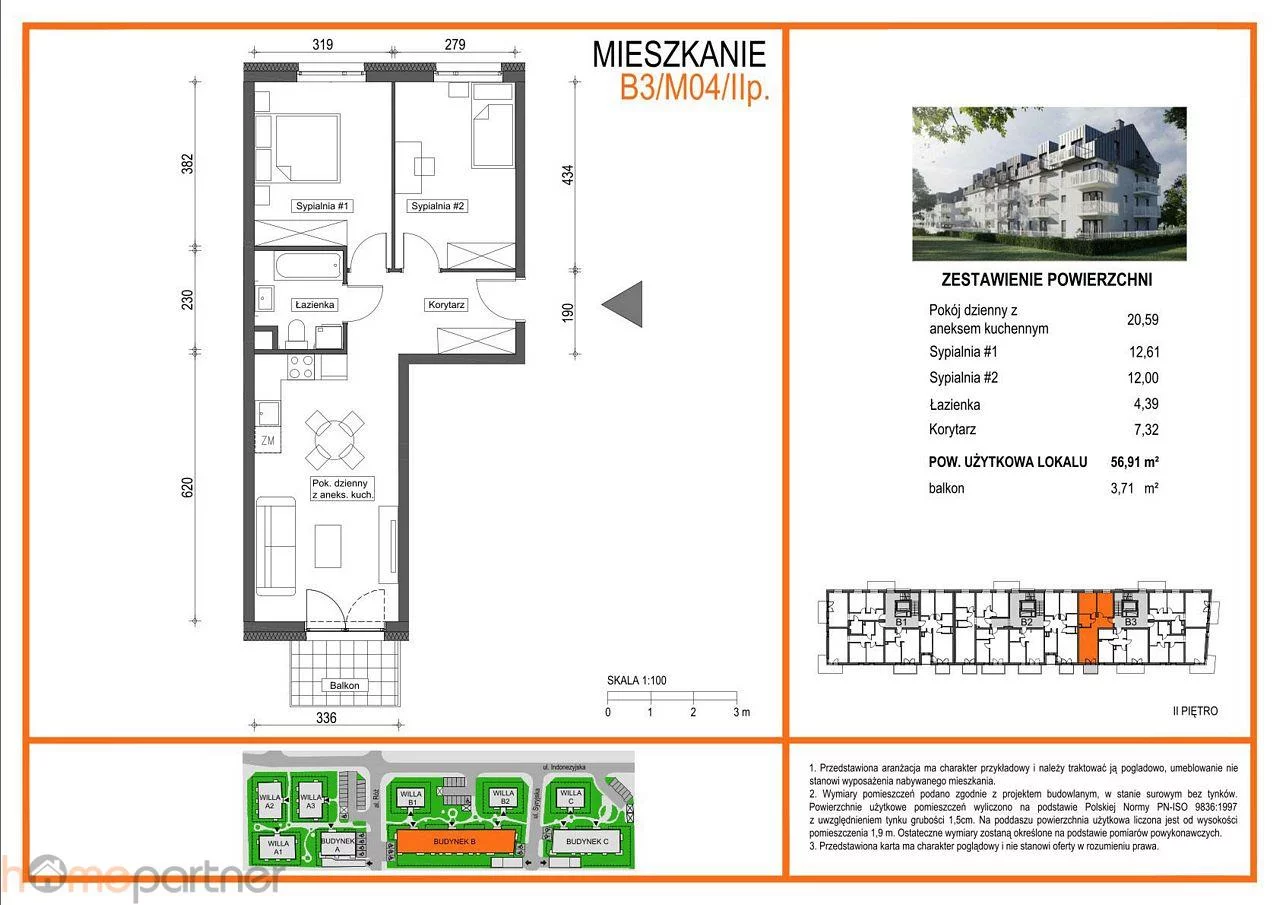 3 pokoje, mieszkanie 56,91 m², piętro 2, oferta nr , 19237, Wrocław, Krzyki-Partynice, Krzyki, Brochowska
