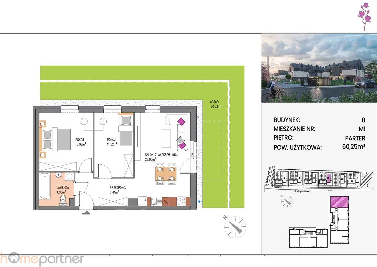 3 pokoje, mieszkanie 60,25 m², parter, oferta nr , 19258, Siechnice, Bzowa