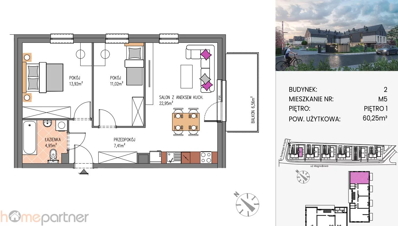 3 pokoje, mieszkanie 60,25 m², piętro 1, oferta nr , 19262, Siechnice, Bzowa