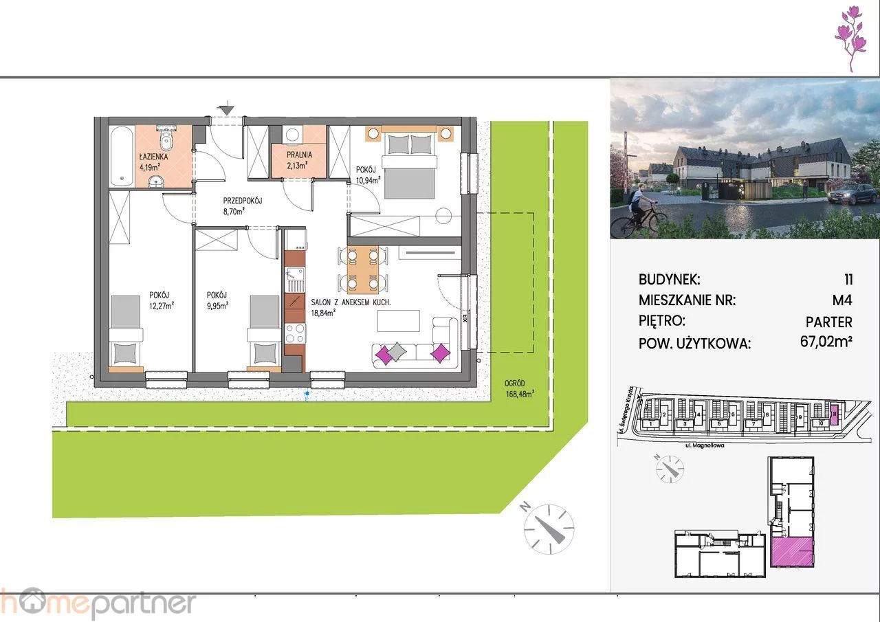 4 pokoje, mieszkanie 67,02 m², parter, oferta nr , 19261, Siechnice, Bzowa