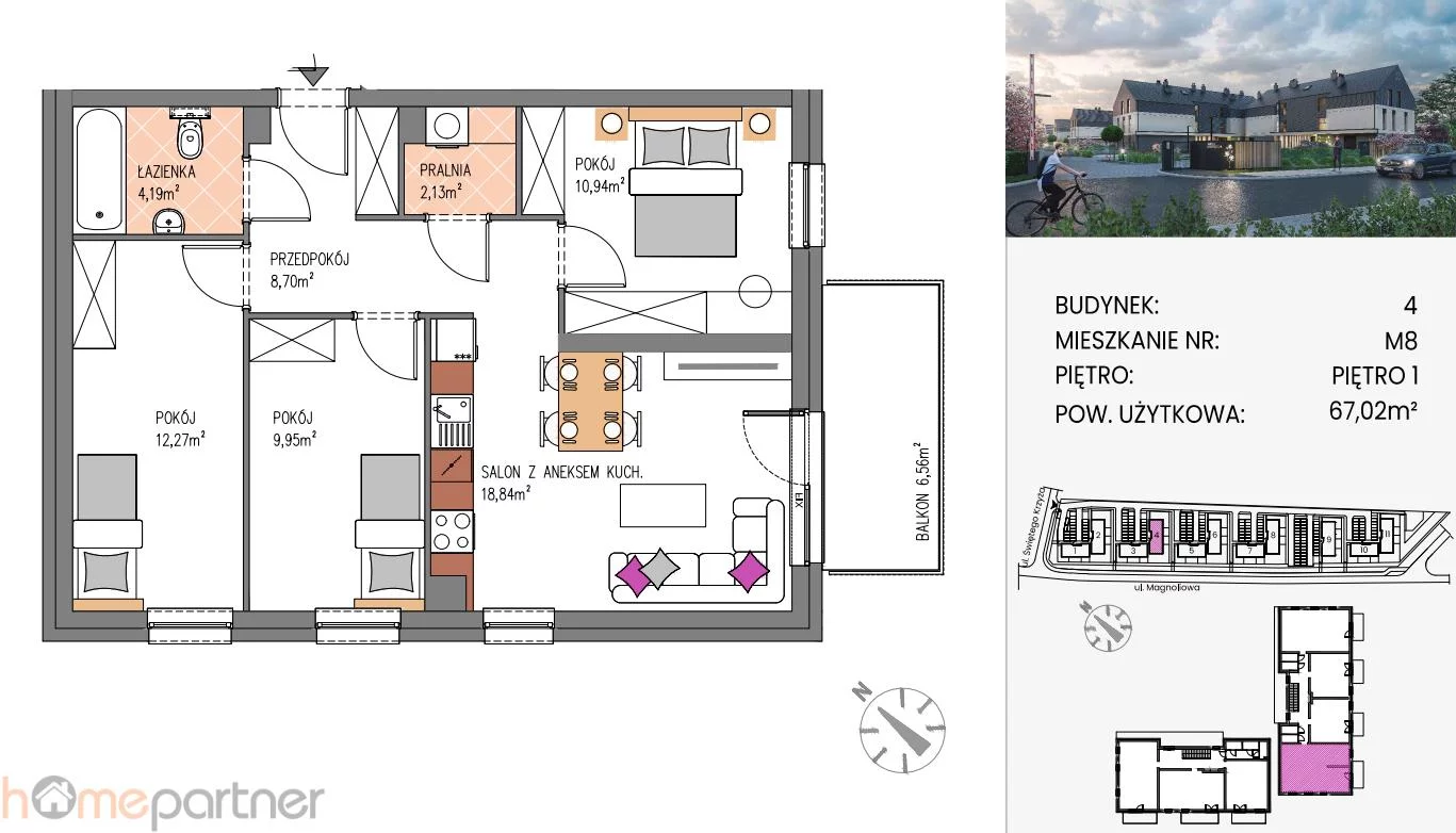 4 pokoje, mieszkanie 67,02 m², piętro 1, oferta nr , 19274, Siechnice, Bzowa