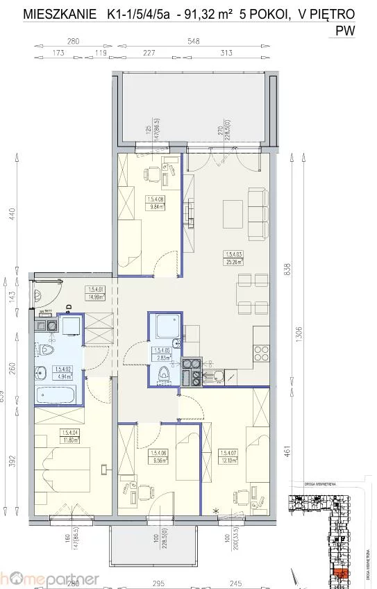 5 pokoi, mieszkanie 91,32 m², piętro 5, oferta nr , 19254, Wrocław, Krzyki-Partynice, Krzyki, al. Karkonoska