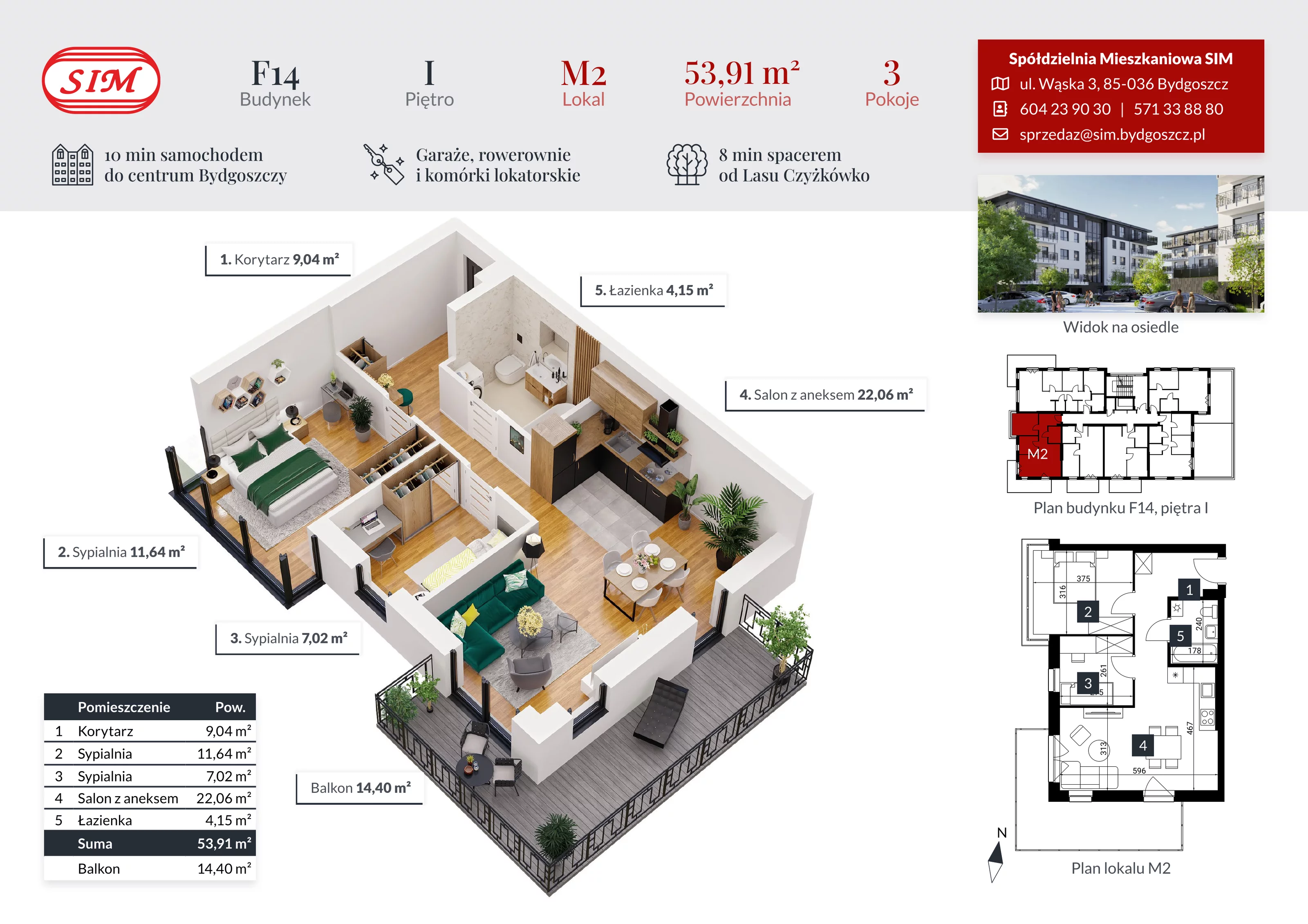 Mieszkanie 53,91 m², piętro 1, oferta nr F14-M2, Tęczowy Zakątek, Bydgoszcz, Czyżkówko, ul. Filtrowa