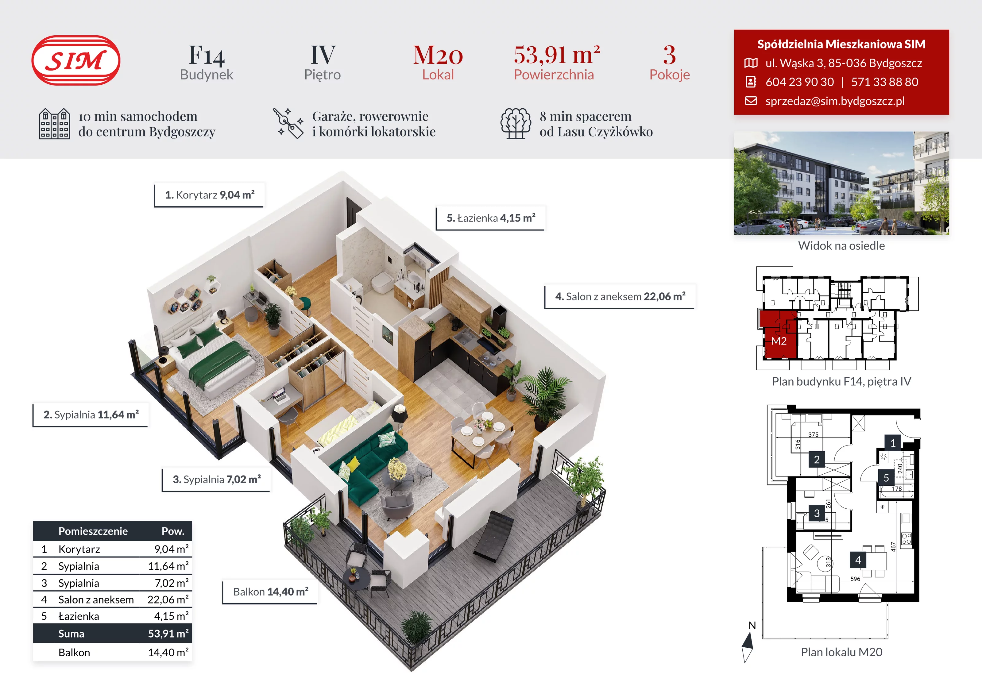 Mieszkanie 55,54 m², piętro 4, oferta nr F14-M20, Tęczowy Zakątek, Bydgoszcz, Czyżkówko, ul. Filtrowa