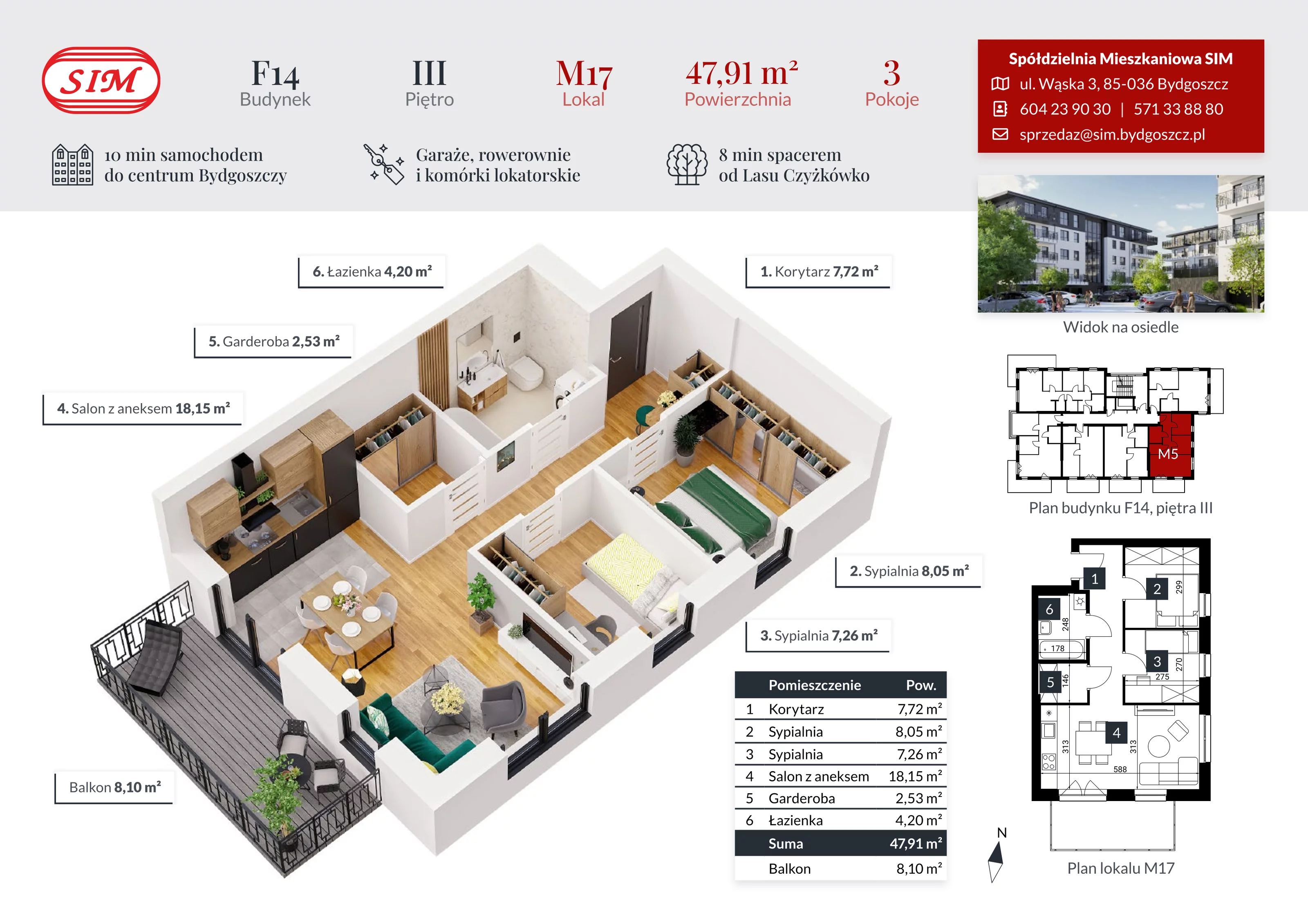 3 pokoje, mieszkanie 47,91 m², piętro 3, oferta nr F14-M17, Tęczowy Zakątek, Bydgoszcz, Czyżkówko, ul. Filtrowa