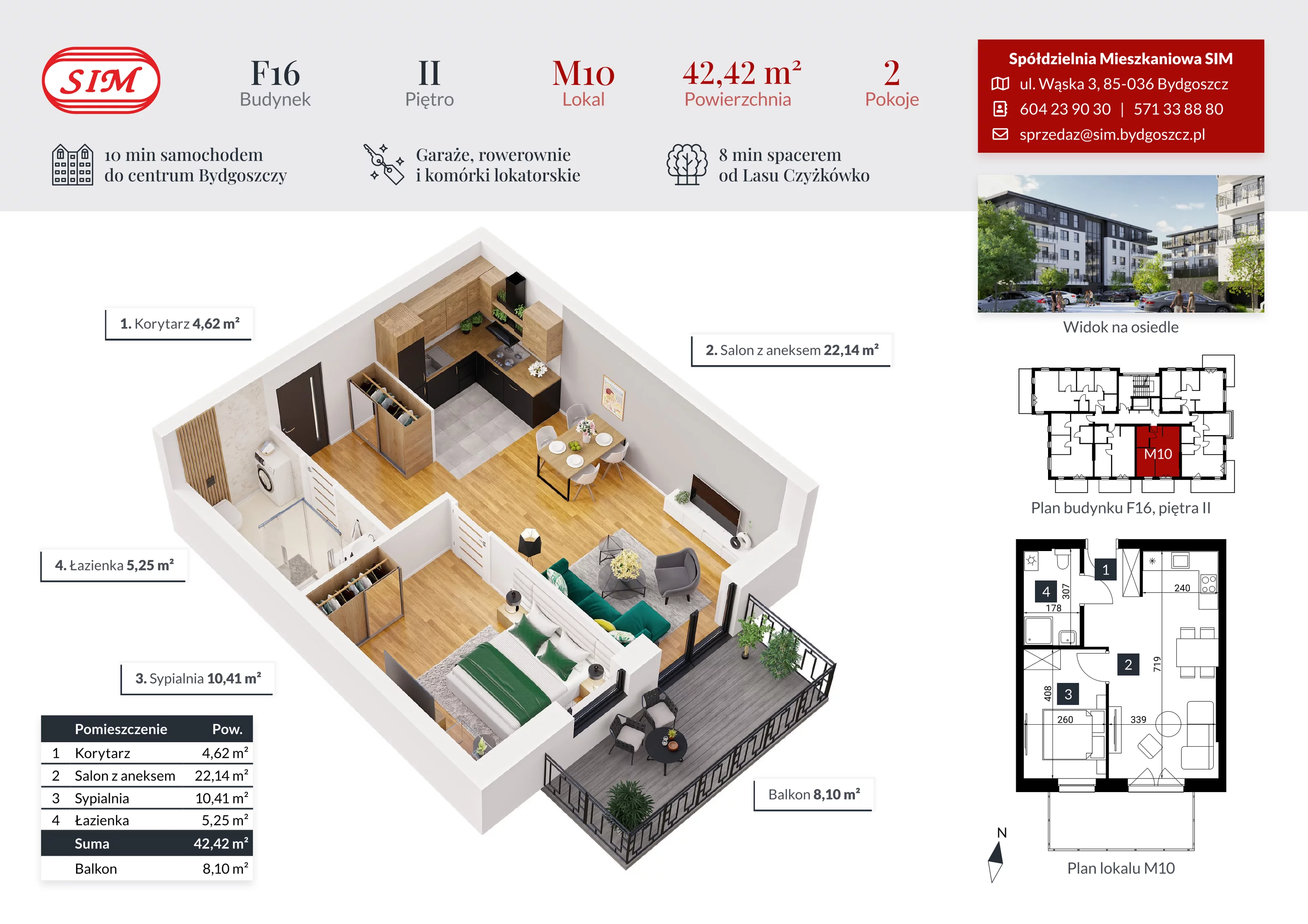 Mieszkanie 42,42 m², piętro 2, oferta nr F16-M10, Tęczowy Zakątek, Bydgoszcz, Czyżkówko, ul. Filtrowa