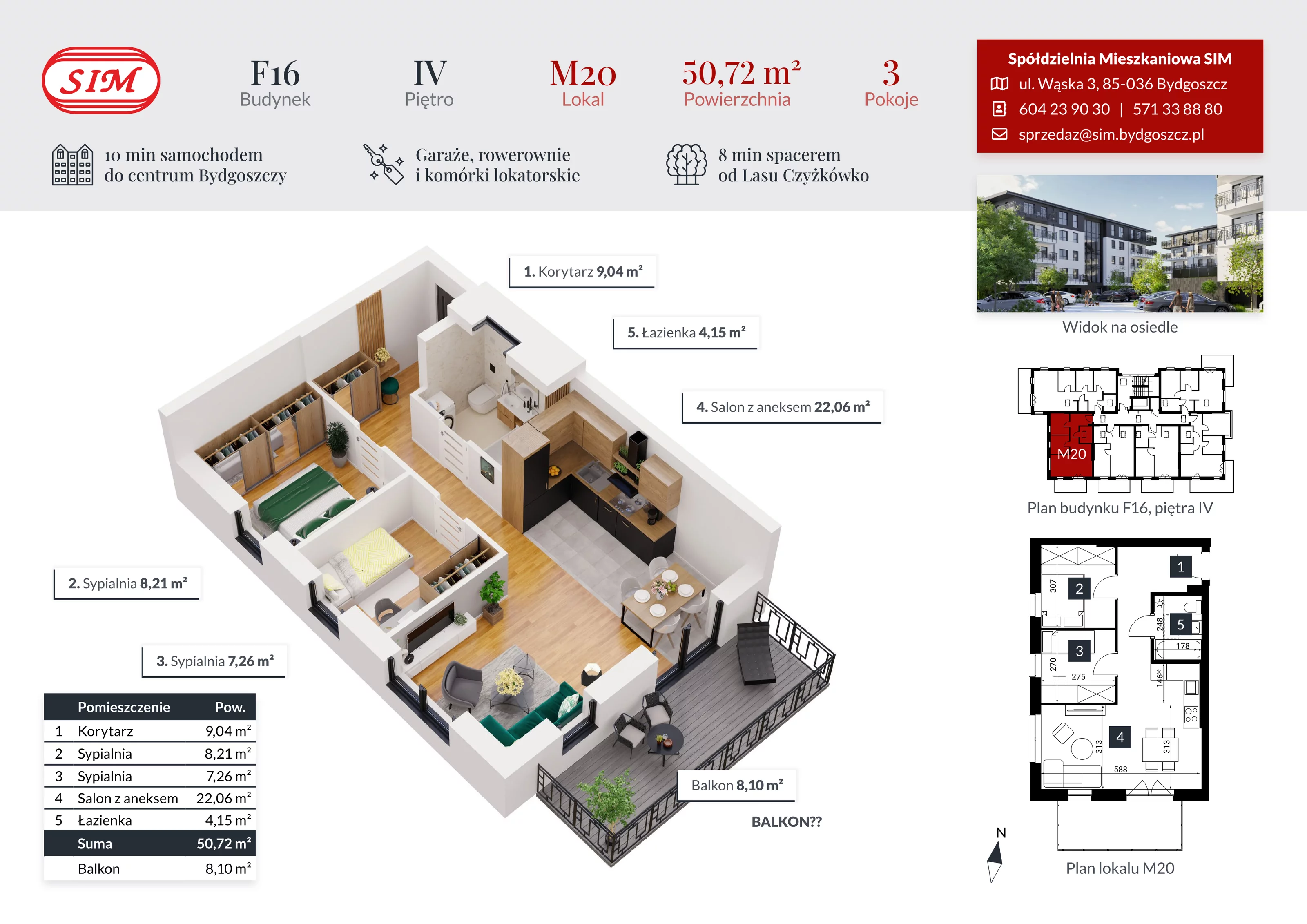 3 pokoje, mieszkanie 50,72 m², piętro 4, oferta nr F16-M20, Tęczowy Zakątek, Bydgoszcz, Czyżkówko, ul. Filtrowa