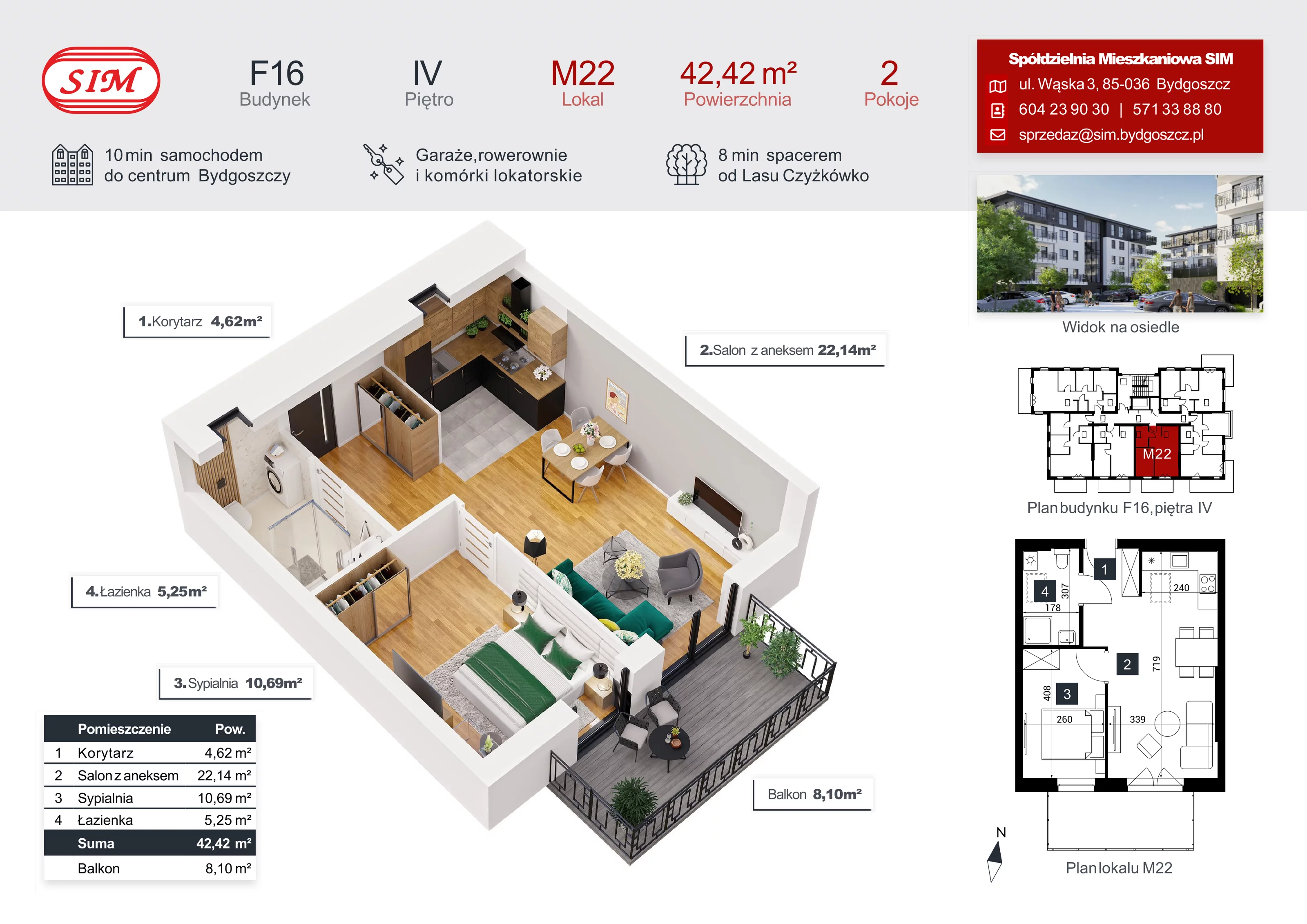 Mieszkanie 42,42 m², piętro 4, oferta nr F16-M22, Tęczowy Zakątek, Bydgoszcz, Czyżkówko, ul. Filtrowa