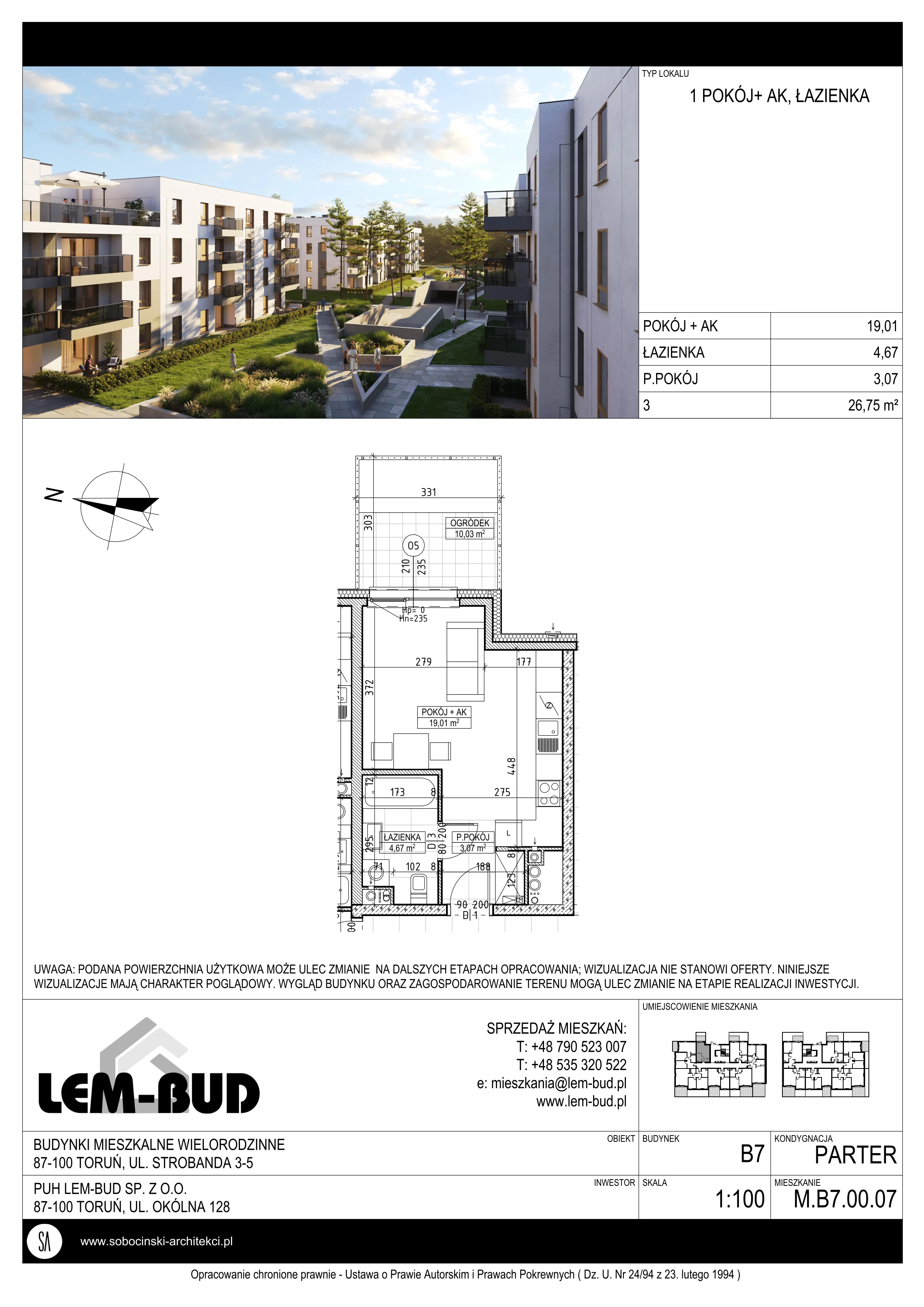 1 pokój, mieszkanie 26,75 m², parter, oferta nr M.B7.00.07, Osiedle Harmonia, Toruń, Wrzosy, JAR, ul. Strobanda 3-5