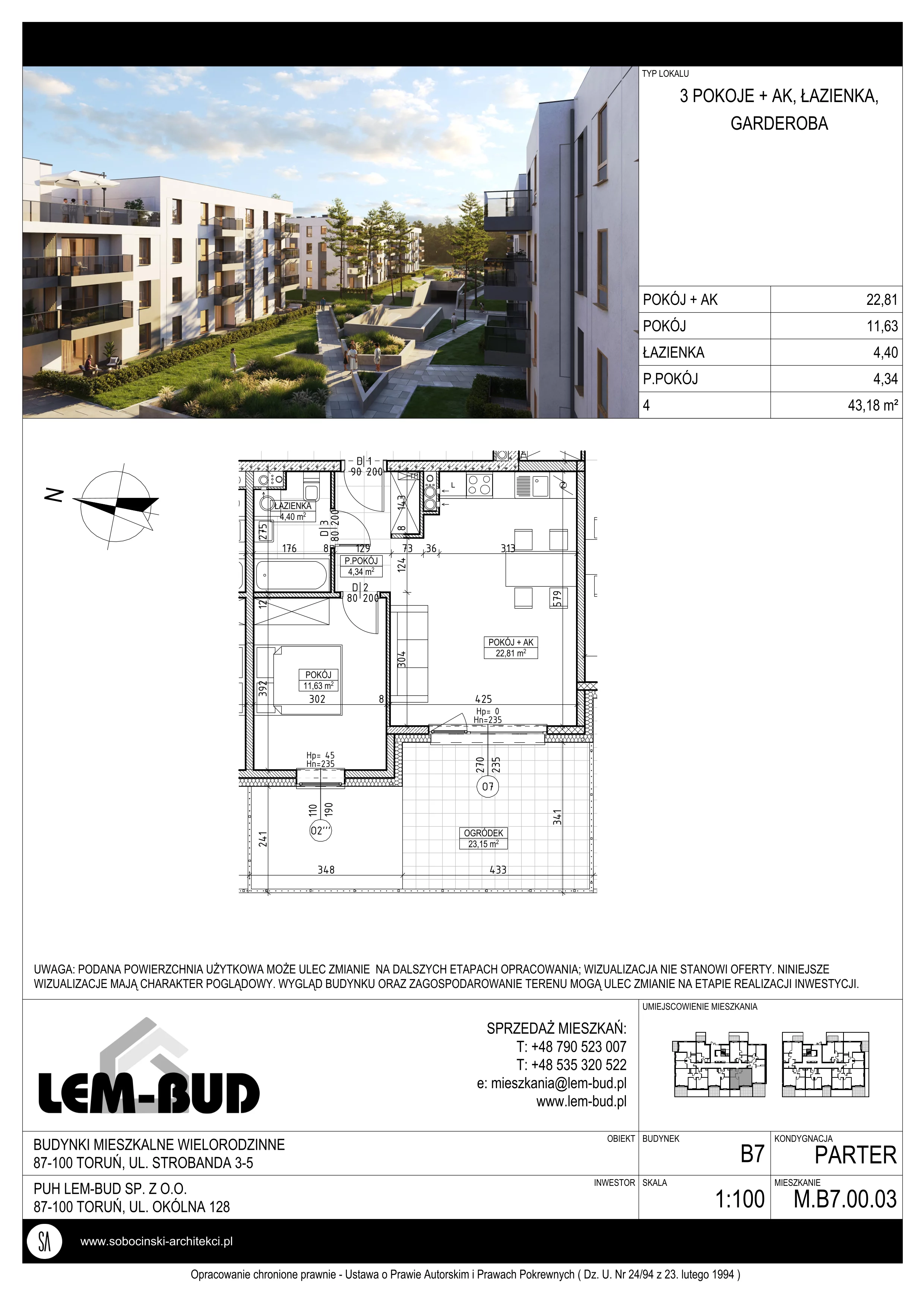 2 pokoje, mieszkanie 43,18 m², parter, oferta nr M.B7.00.03, Osiedle Harmonia, Toruń, Wrzosy, JAR, ul. Strobanda 3-5