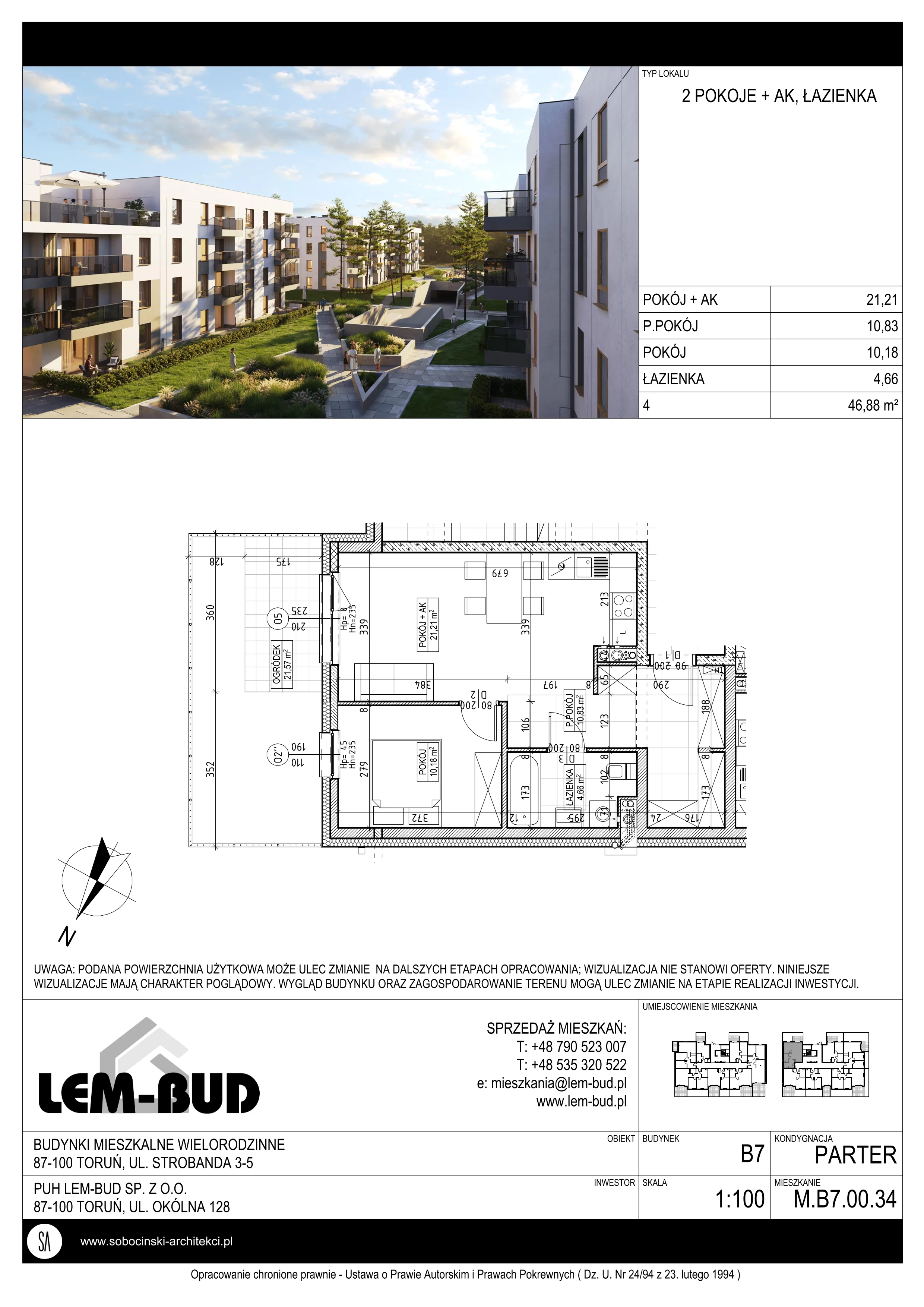 2 pokoje, mieszkanie 46,88 m², parter, oferta nr M.B7.00.34, Osiedle Harmonia, Toruń, Wrzosy, JAR, ul. Strobanda 3-5