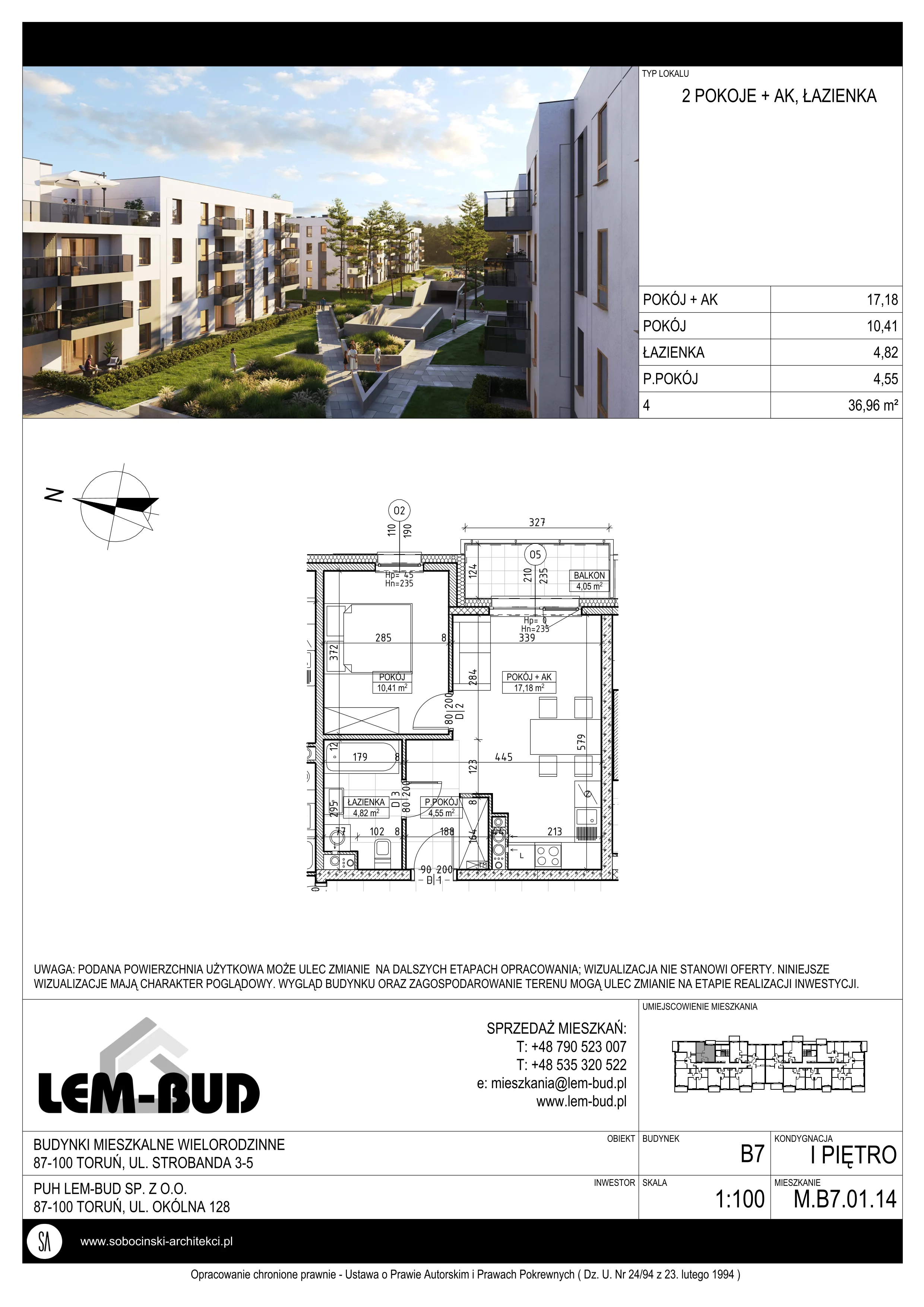 2 pokoje, mieszkanie 36,96 m², piętro 1, oferta nr M.B7.01.14, Osiedle Harmonia, Toruń, Wrzosy, JAR, ul. Strobanda 3-5