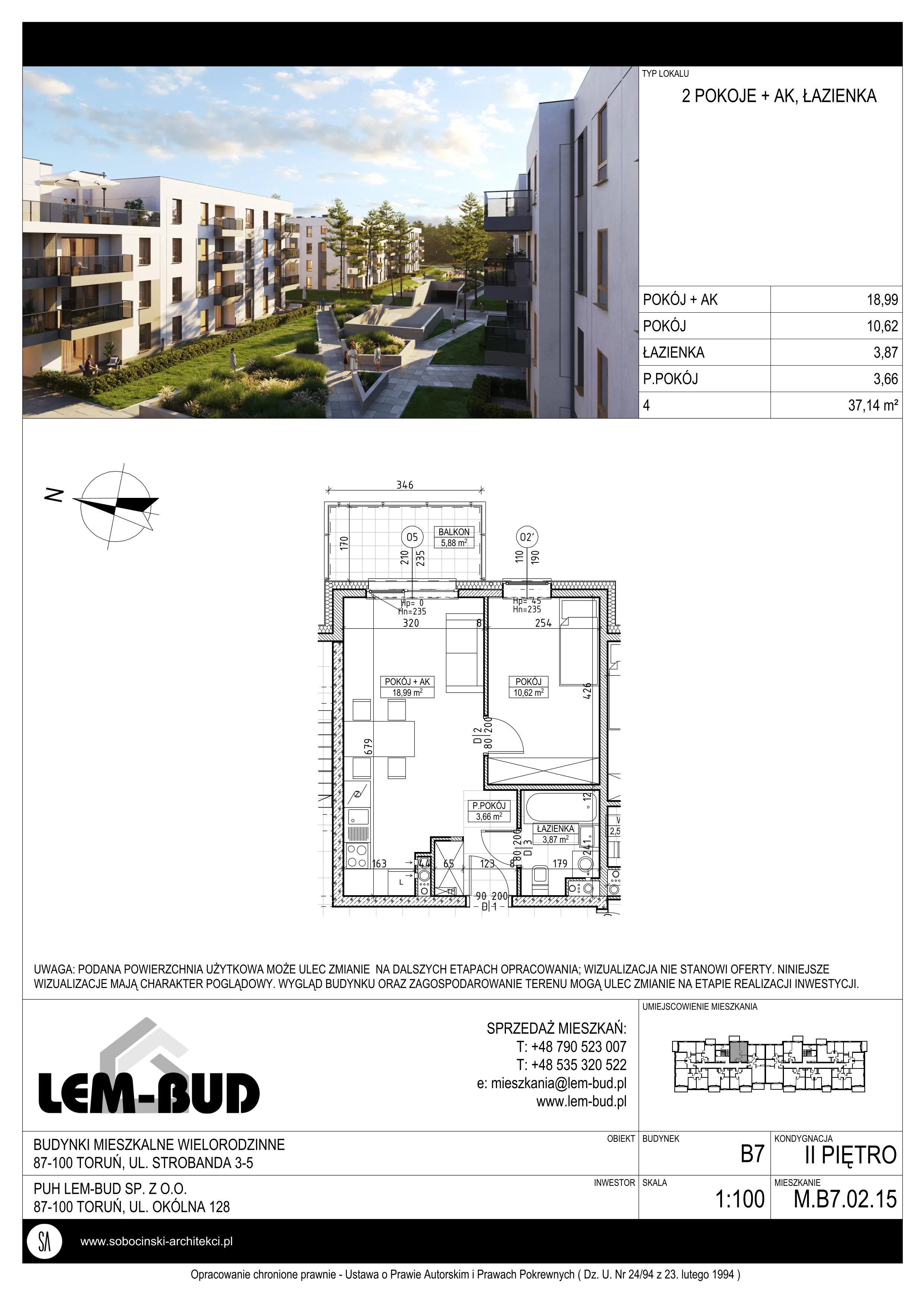 2 pokoje, mieszkanie 37,14 m², piętro 2, oferta nr M.B7.02.15, Osiedle Harmonia, Toruń, Wrzosy, JAR, ul. Strobanda 3-5