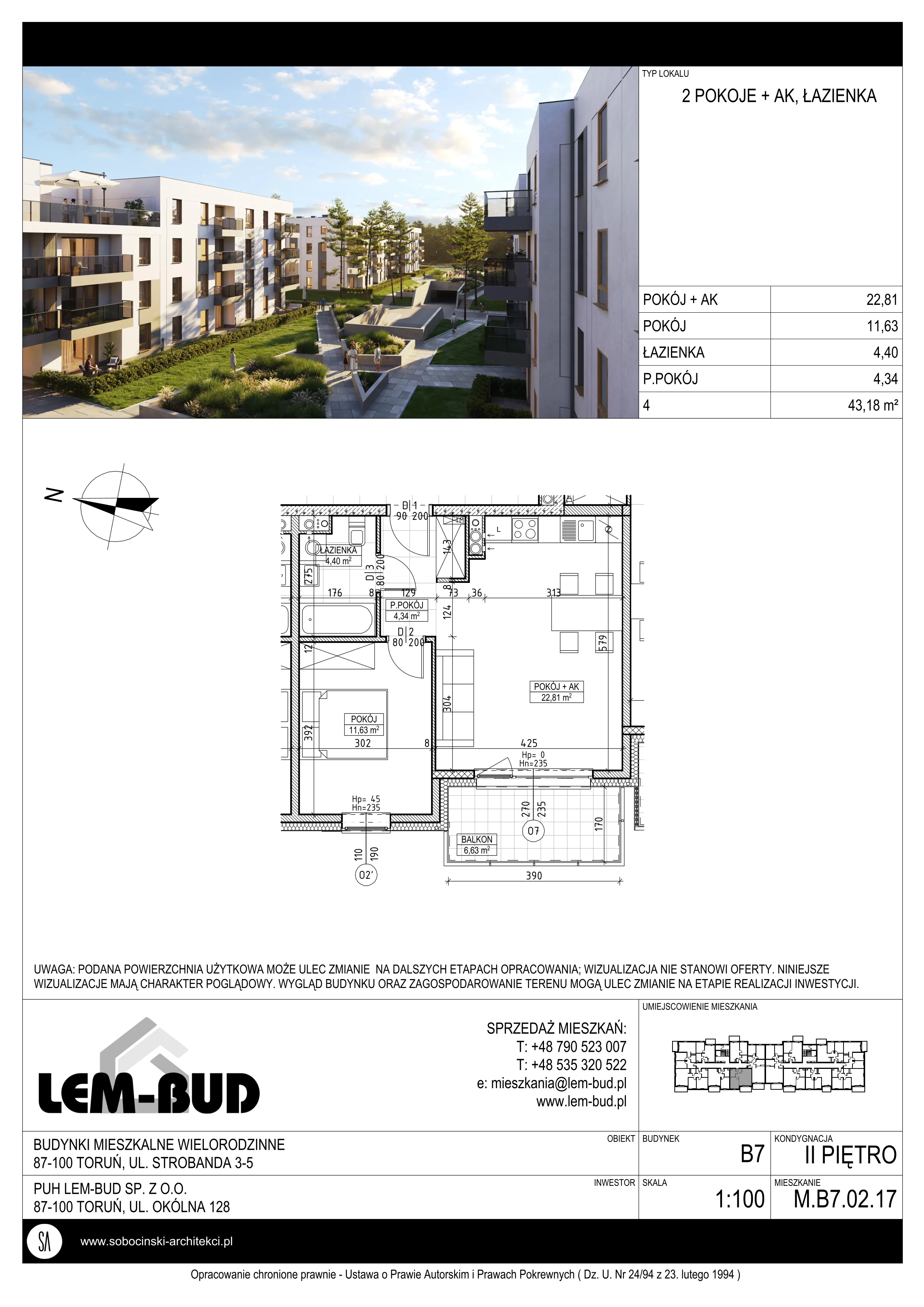 2 pokoje, mieszkanie 43,18 m², piętro 2, oferta nr M.B7.02.17, Osiedle Harmonia, Toruń, Wrzosy, JAR, ul. Strobanda 3-5