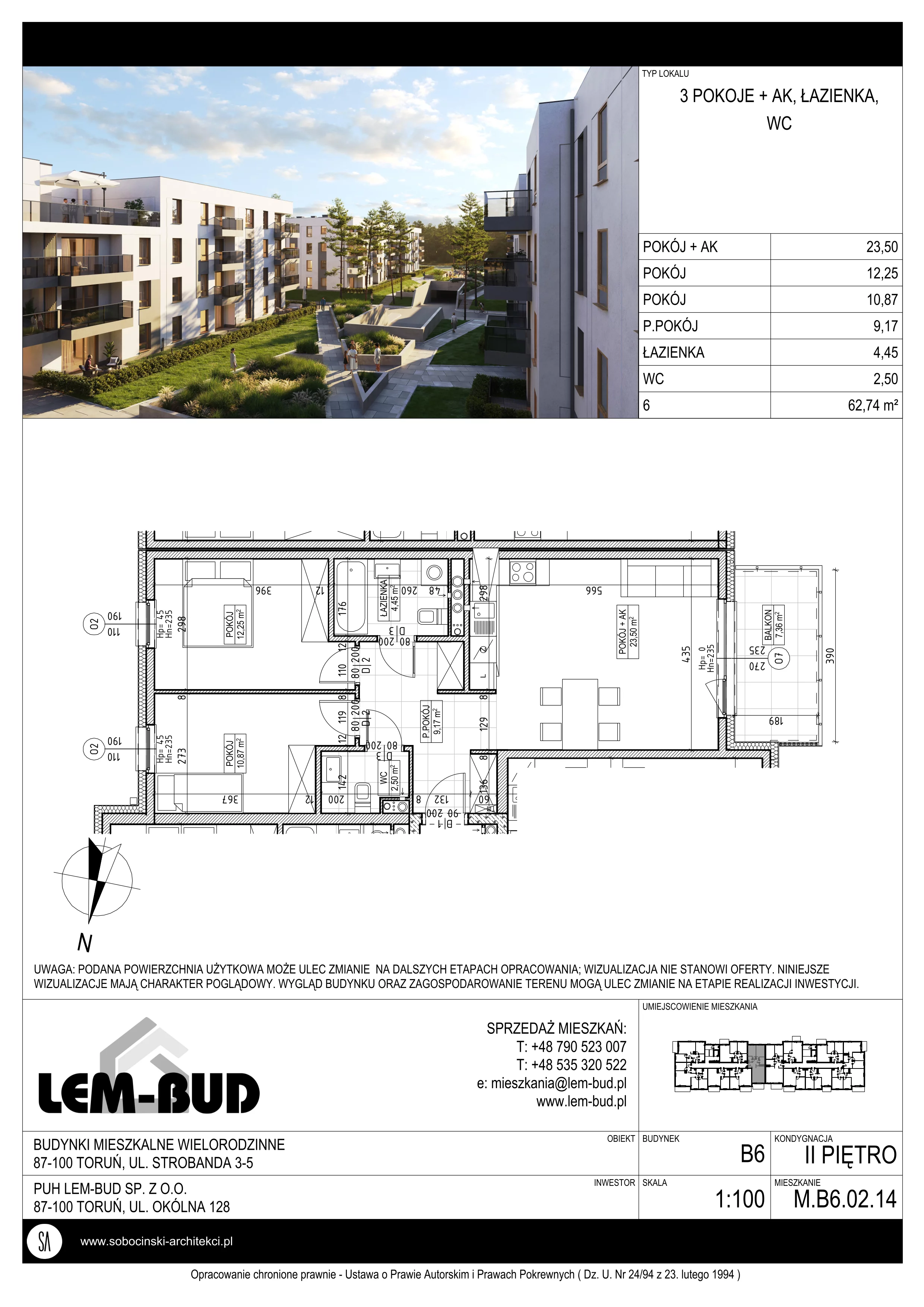 Mieszkanie 62,74 m², piętro 2, oferta nr M.B6.02.14, Osiedle Harmonia, Toruń, Wrzosy, JAR, ul. Strobanda 3-5