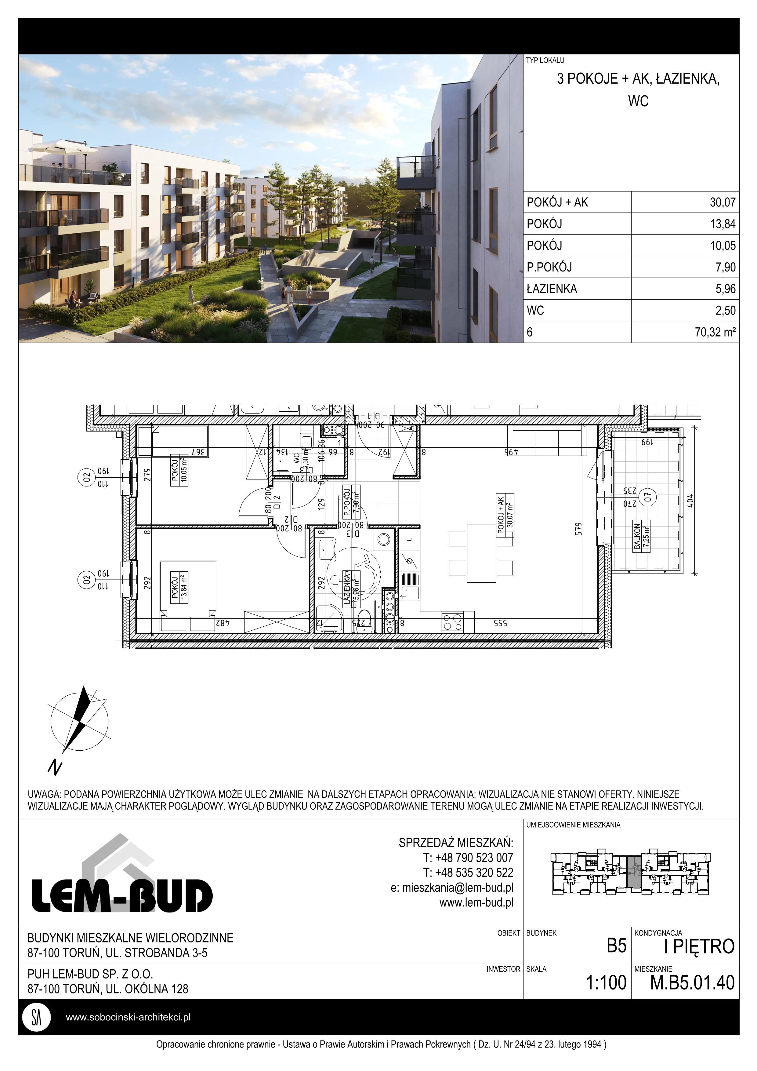 3 pokoje, mieszkanie 70,32 m², piętro 1, oferta nr M.B5.01.40, Osiedle Harmonia, Toruń, Wrzosy, JAR, ul. Strobanda 3-5
