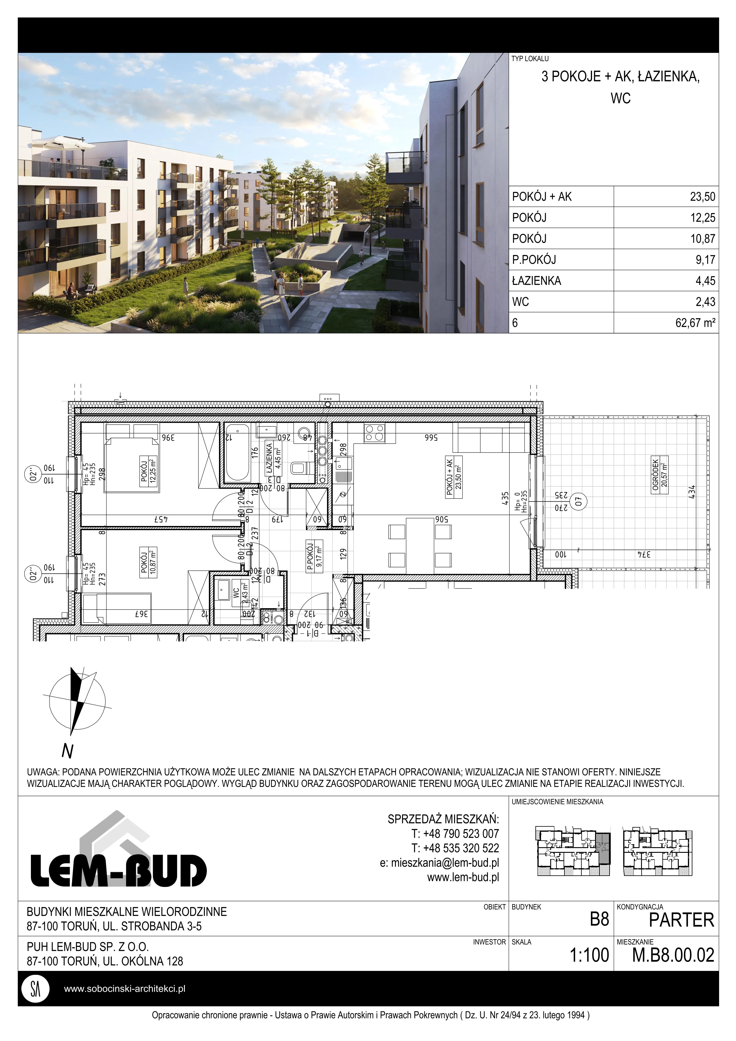 Mieszkanie 62,67 m², parter, oferta nr M.B8.00.02, Osiedle Harmonia, Toruń, Wrzosy, JAR, ul. Strobanda 3-5