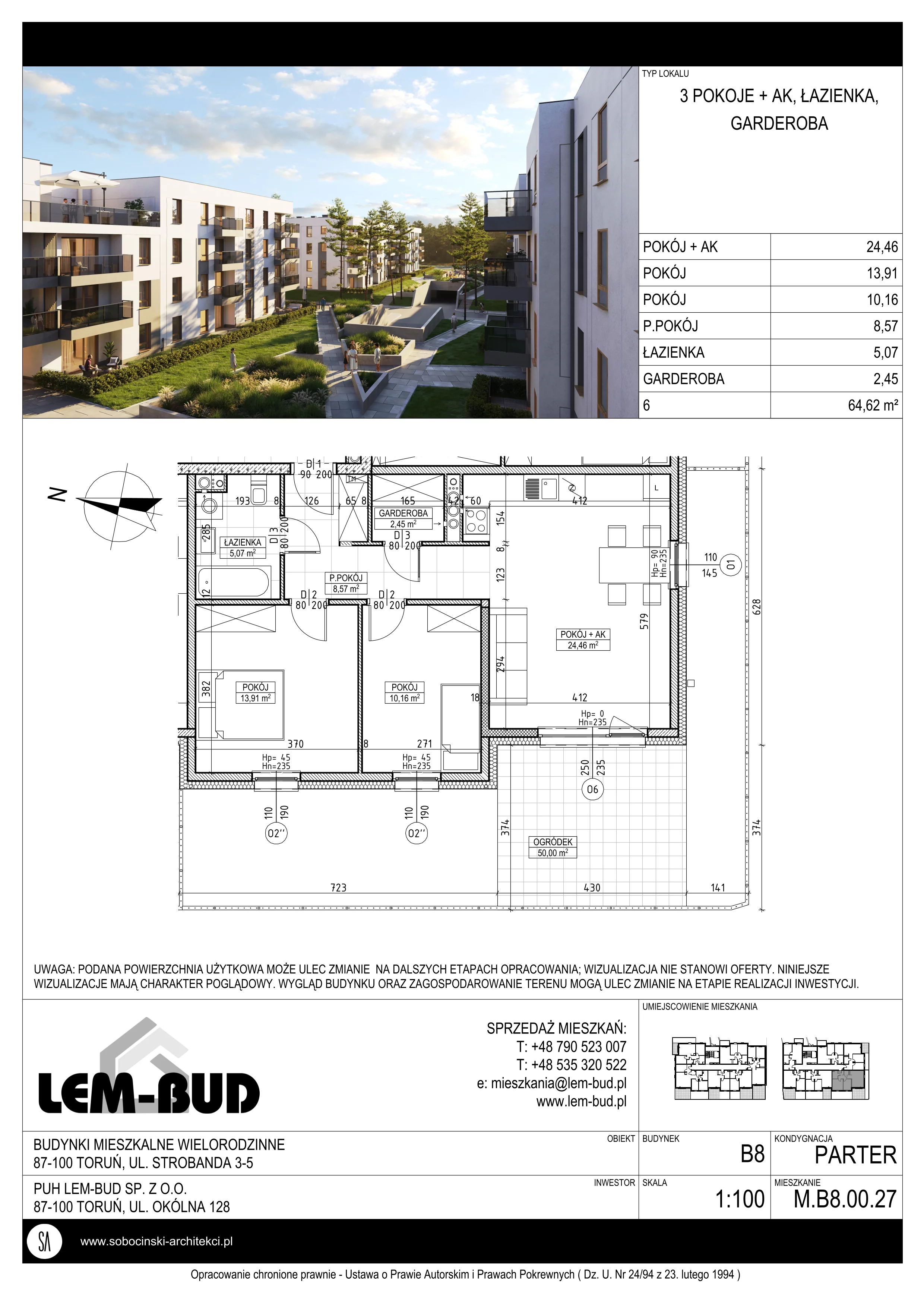 3 pokoje, mieszkanie 64,62 m², parter, oferta nr M.B8.00.27, Osiedle Harmonia, Toruń, Wrzosy, JAR, ul. Strobanda 3-5