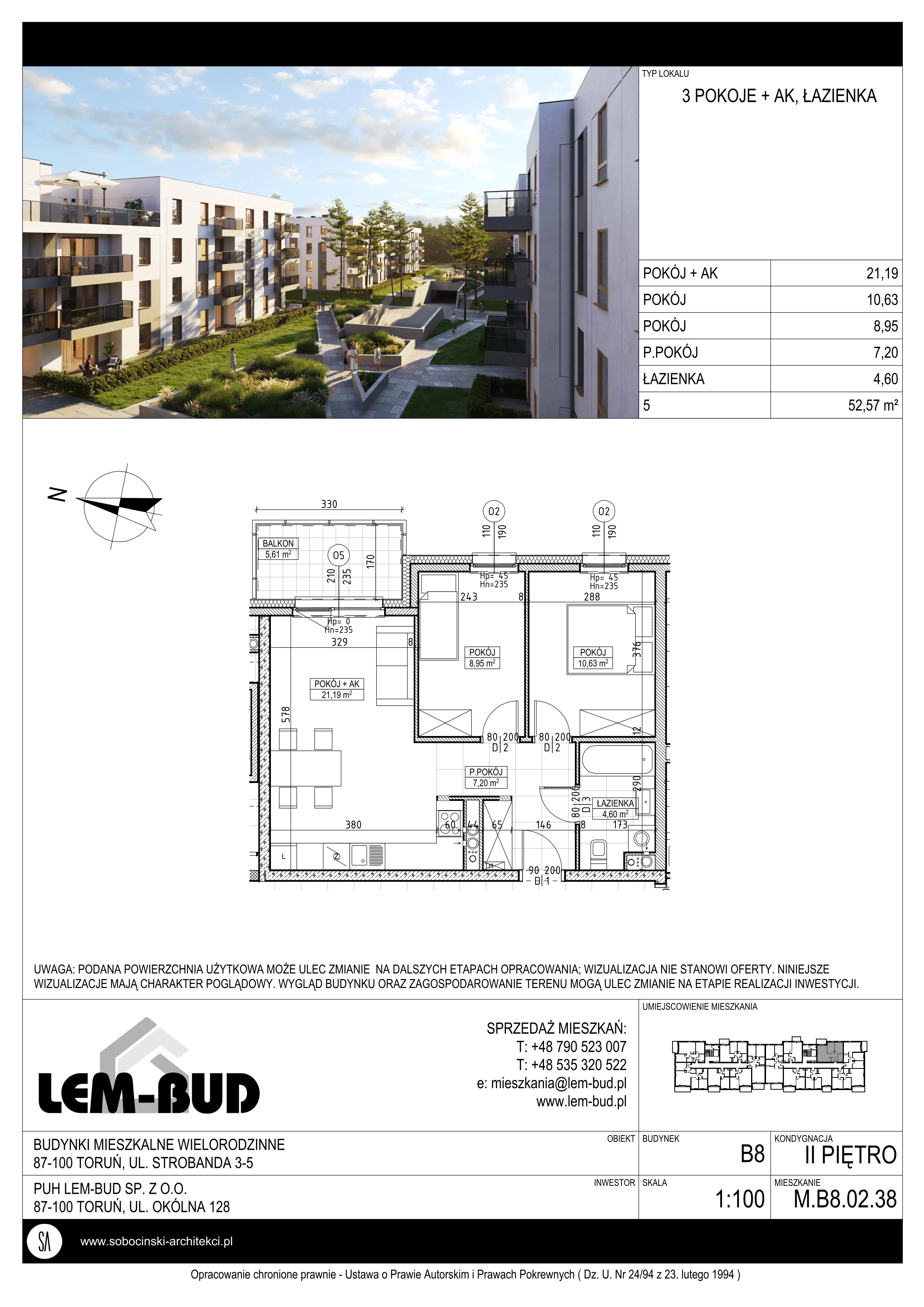 Mieszkanie 52,57 m², piętro 2, oferta nr M.B8.02.38, Osiedle Harmonia, Toruń, Wrzosy, JAR, ul. Strobanda 3-5