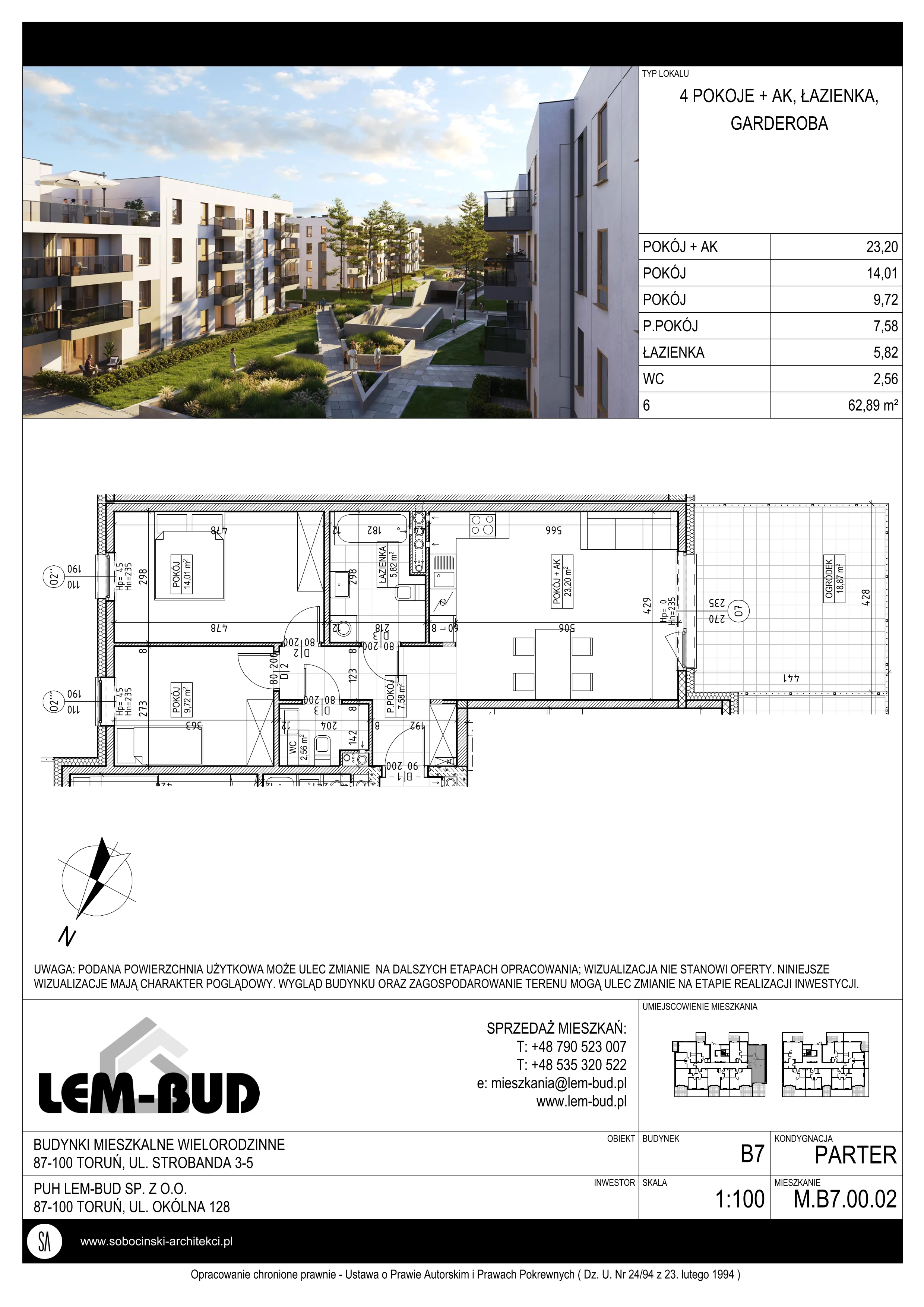3 pokoje, mieszkanie 62,89 m², parter, oferta nr M.B7.00.02, Osiedle Harmonia, Toruń, Wrzosy, JAR, ul. Strobanda 3-5