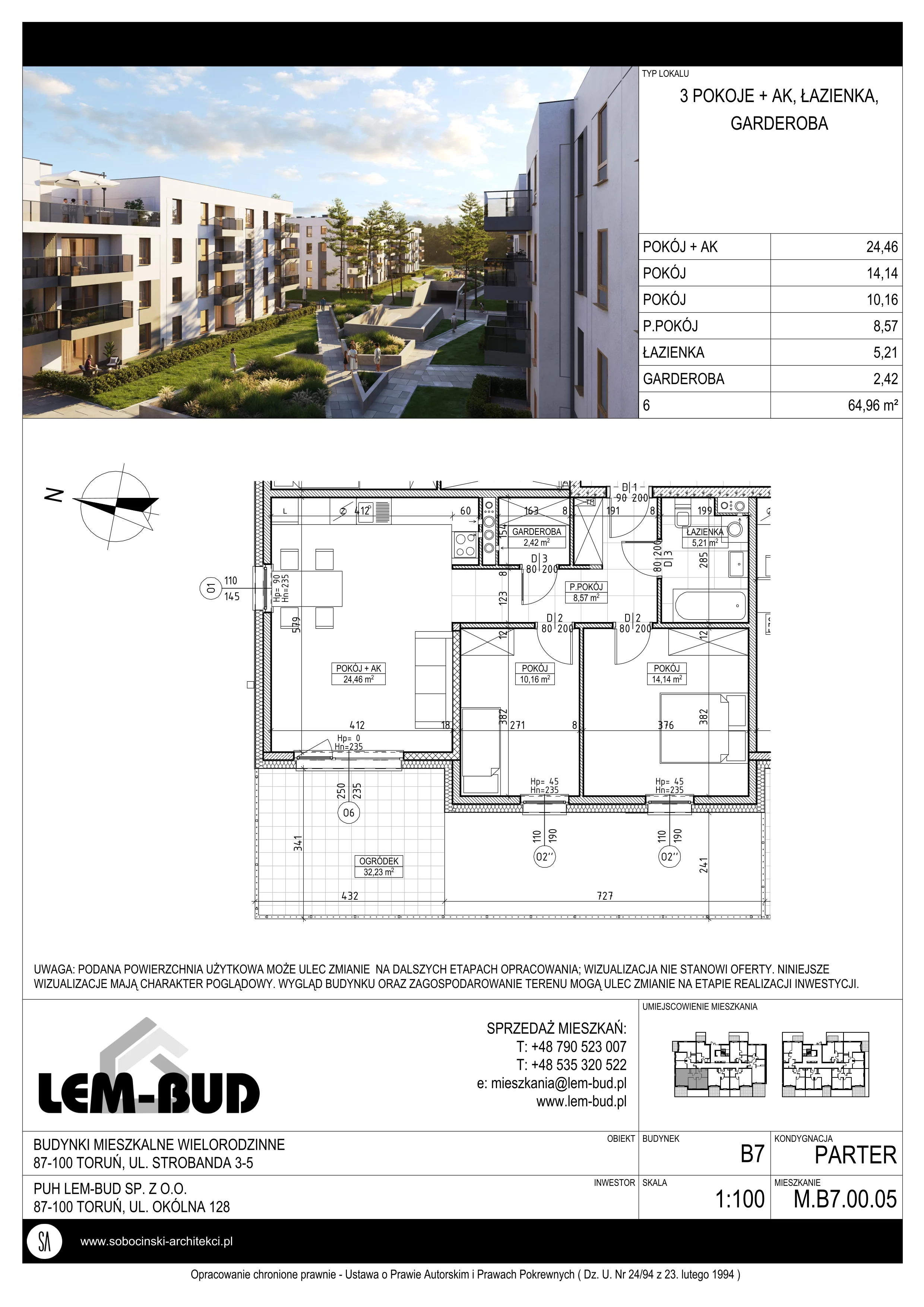 3 pokoje, mieszkanie 64,96 m², parter, oferta nr M.B7.00.05, Osiedle Harmonia, Toruń, Wrzosy, JAR, ul. Strobanda 3-5
