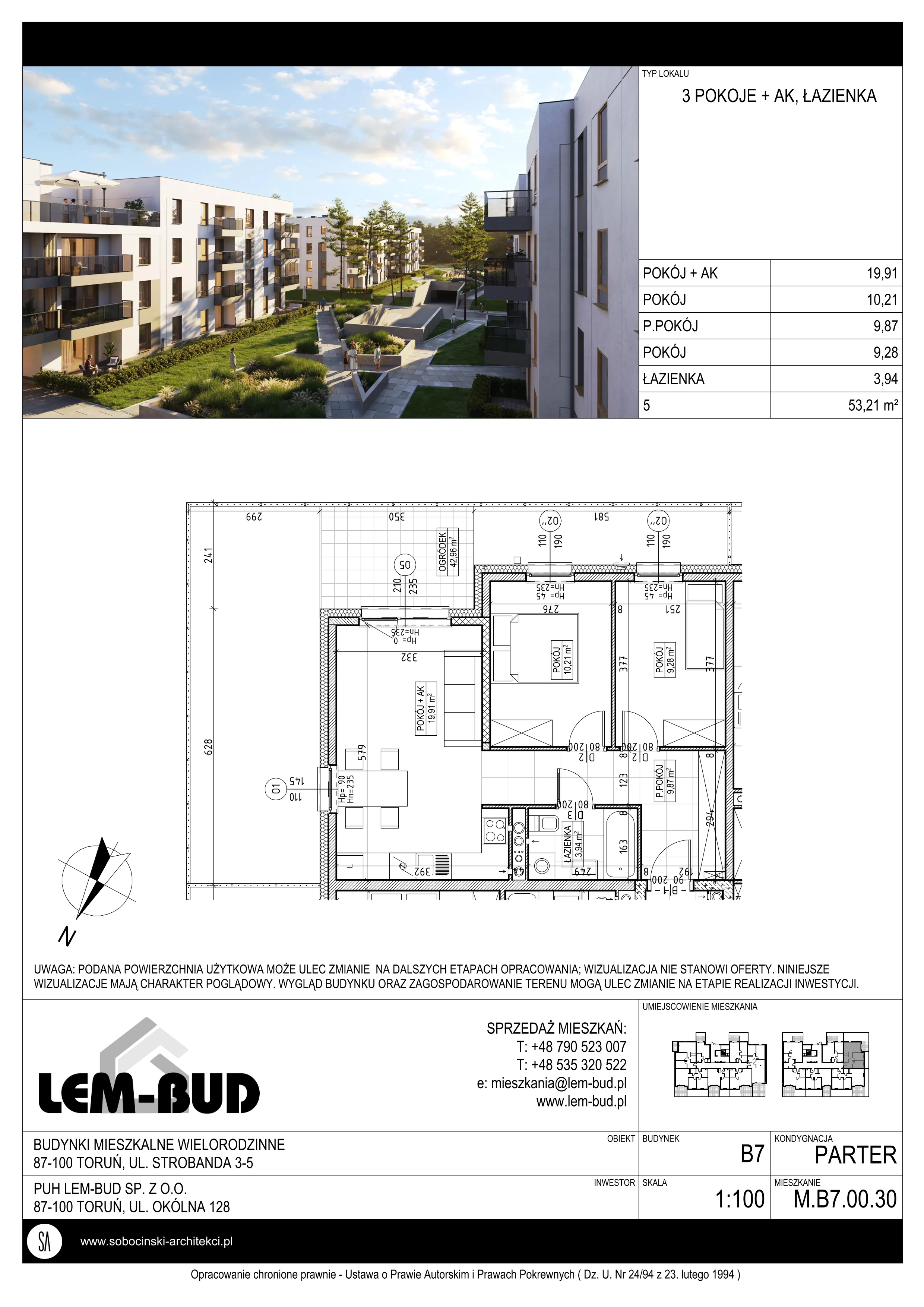 3 pokoje, mieszkanie 53,21 m², parter, oferta nr M.B7.00.30, Osiedle Harmonia, Toruń, Wrzosy, JAR, ul. Strobanda 3-5