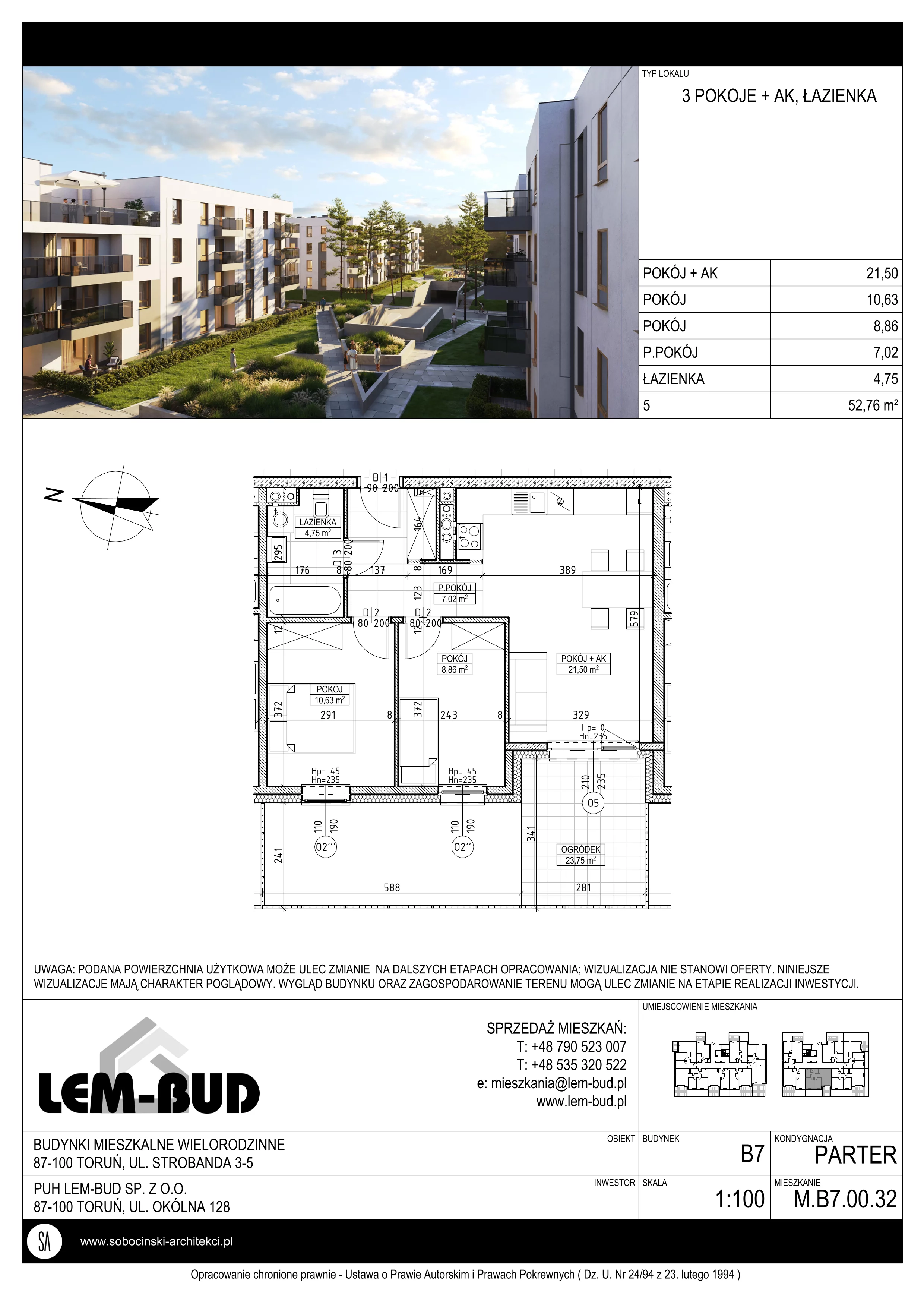 3 pokoje, mieszkanie 52,76 m², parter, oferta nr M.B7.00.32, Osiedle Harmonia, Toruń, Wrzosy, JAR, ul. Strobanda 3-5