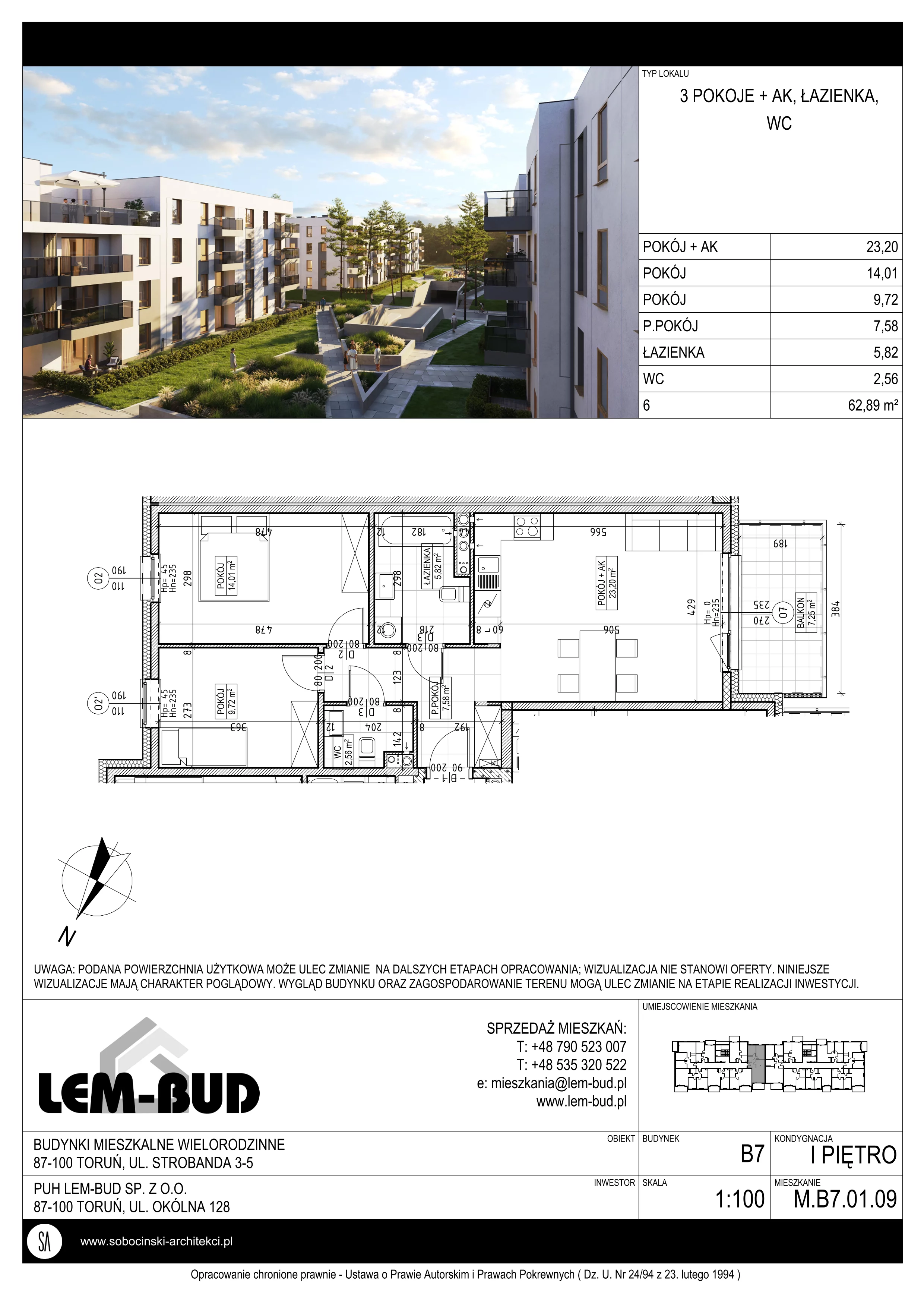 3 pokoje, mieszkanie 62,89 m², piętro 1, oferta nr M.B7.01.09, Osiedle Harmonia, Toruń, Wrzosy, JAR, ul. Strobanda 3-5