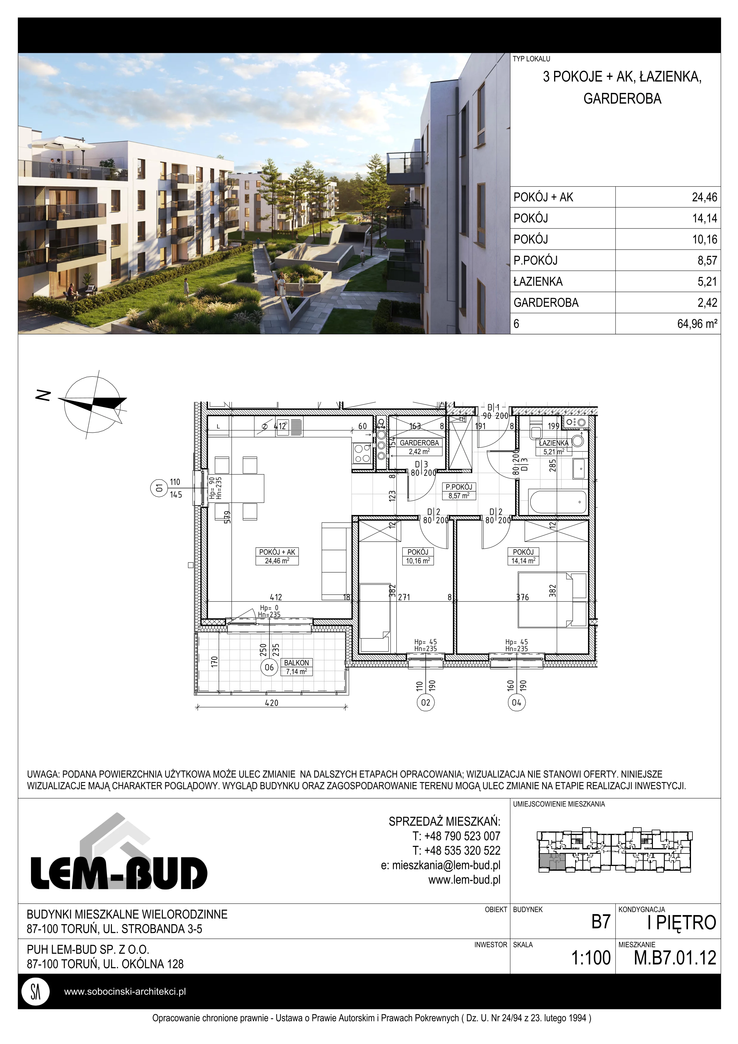 3 pokoje, mieszkanie 64,96 m², piętro 1, oferta nr M.B7.01.12, Osiedle Harmonia, Toruń, Wrzosy, JAR, ul. Strobanda 3-5