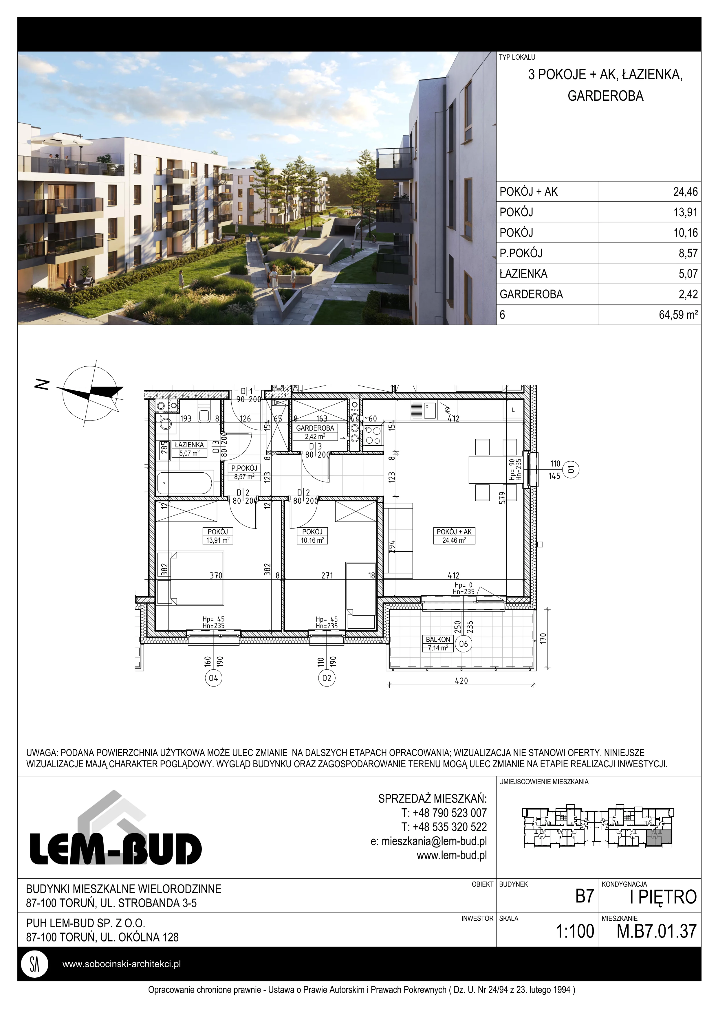 3 pokoje, mieszkanie 64,59 m², piętro 1, oferta nr M.B7.01.37, Osiedle Harmonia, Toruń, Wrzosy, JAR, ul. Strobanda 3-5